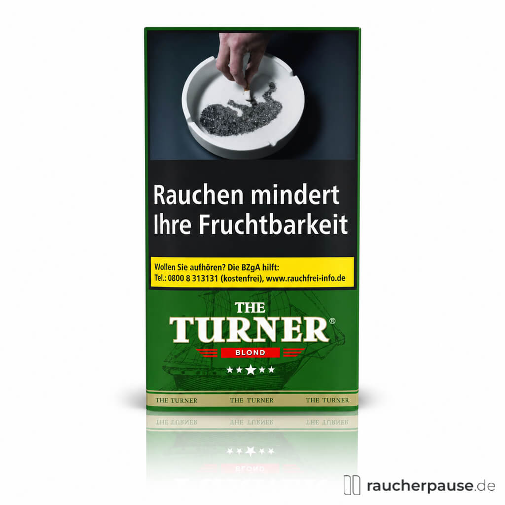 Das 40g Pouch von The Turner Blond zeigt eine quadratische Dose mit grünem Hintergrund, schwarzen Textbereich und stilisierter Schiff-Illustration, gekrönt vom weißen Logo mit rotem Hintergrund.