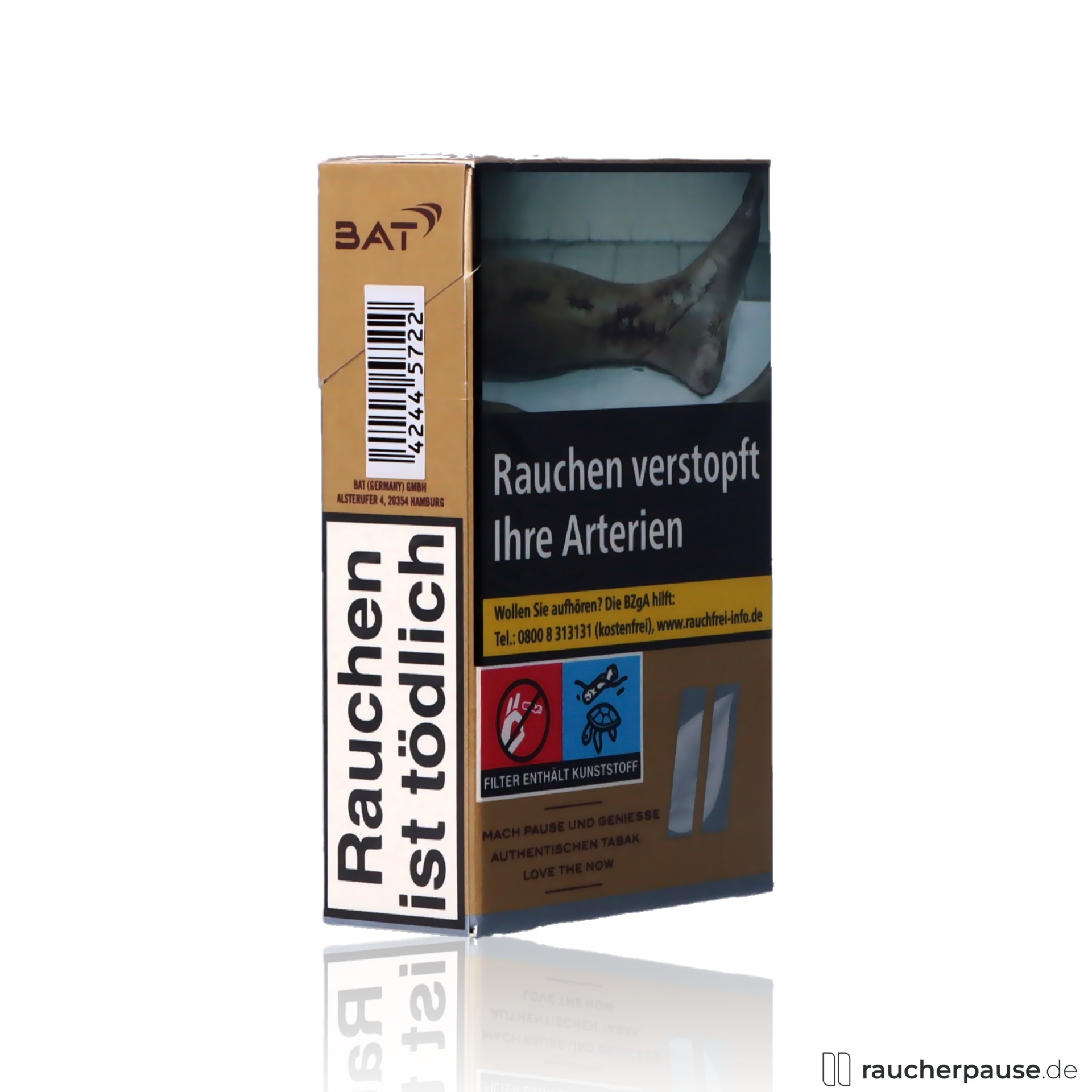 Braune Zigarettenbox von Pall Mall Authentic Silver mit BAT-Logo und Warnhinweis auf weißen Hintergrund, 20 Stk. pro Packung.