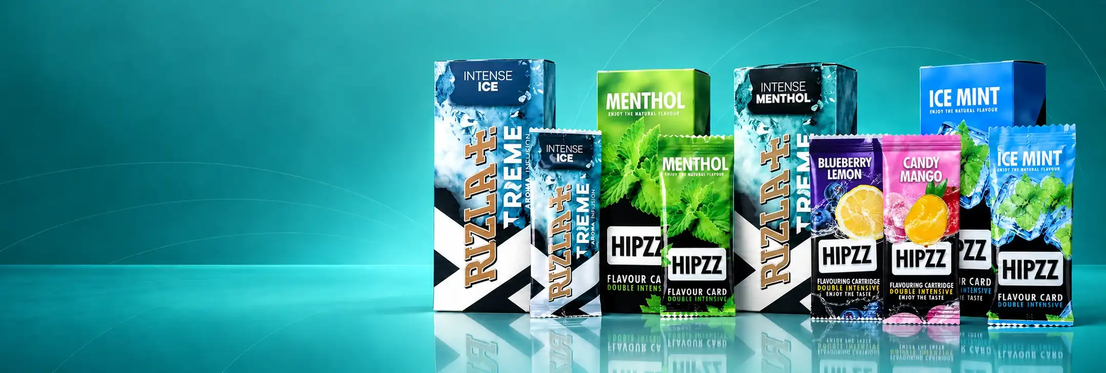 Aromakarten von Rizla und HIPZZ auf grünem Hintergrund