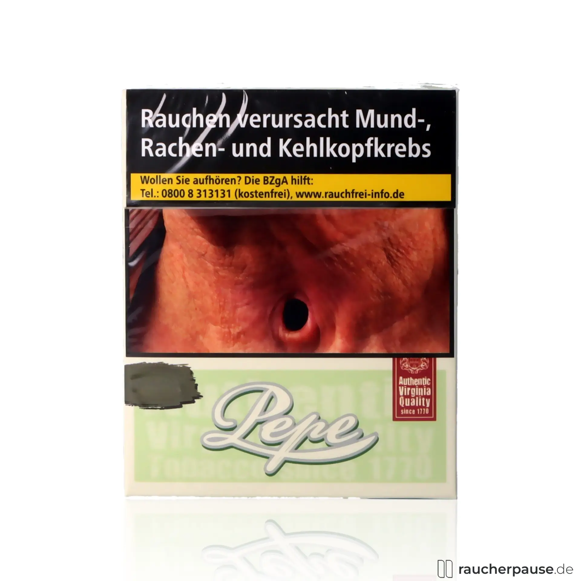 Quadratische Dose mit grünem Hintergrund und rotem Logo: Pepe Bright Green Zigaretten, 40 Stk. pro Packung, 100% Virginia Tabak.