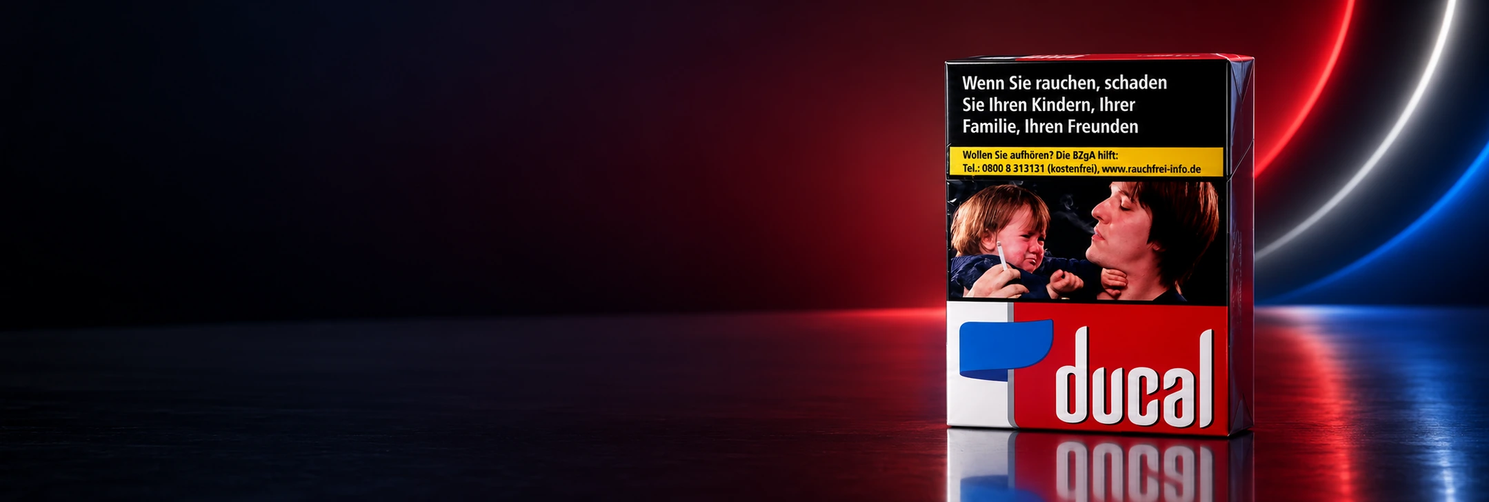 Ducal Red Zigaretten auf rotem und blauem Neon-Hintergrund