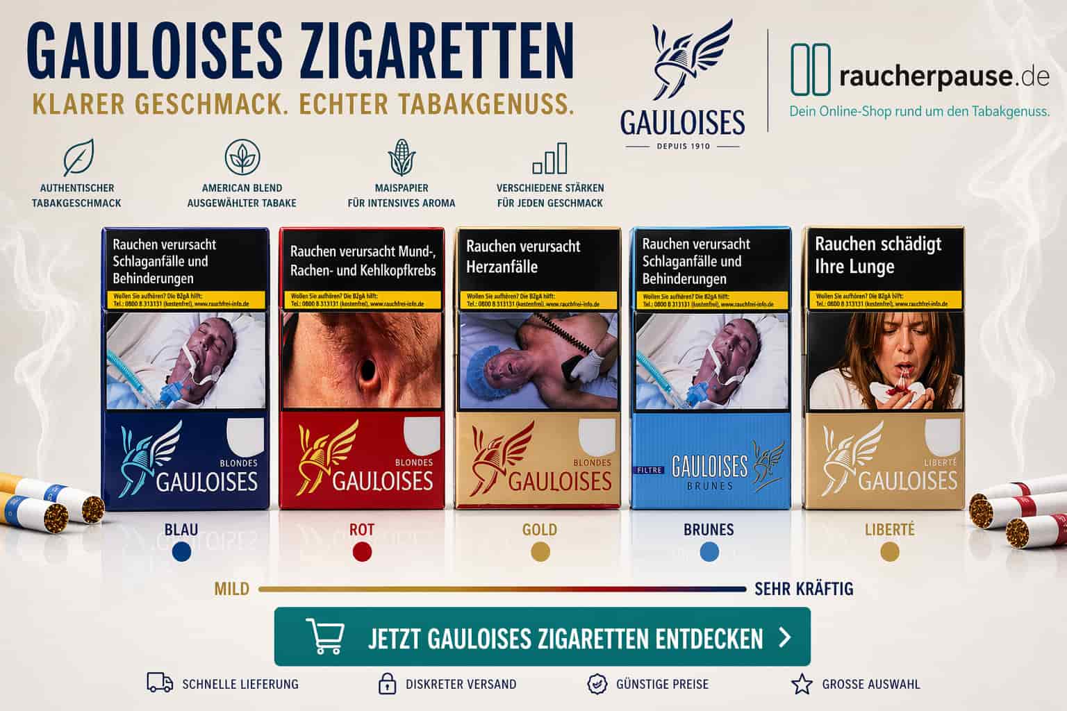 Gauloises Zigaretten kaufen – Blau, Rot, Gold und weitere Sorten im Überblick