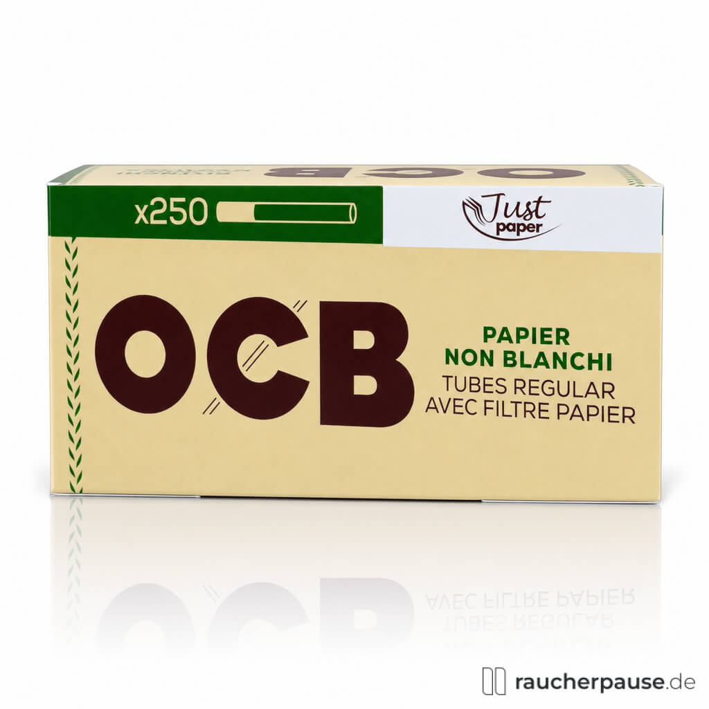 OCB Just Paper Regular Filterhülsen ungebleicht in brauner Box mit grünem Rand und dunkelbraunem Logo