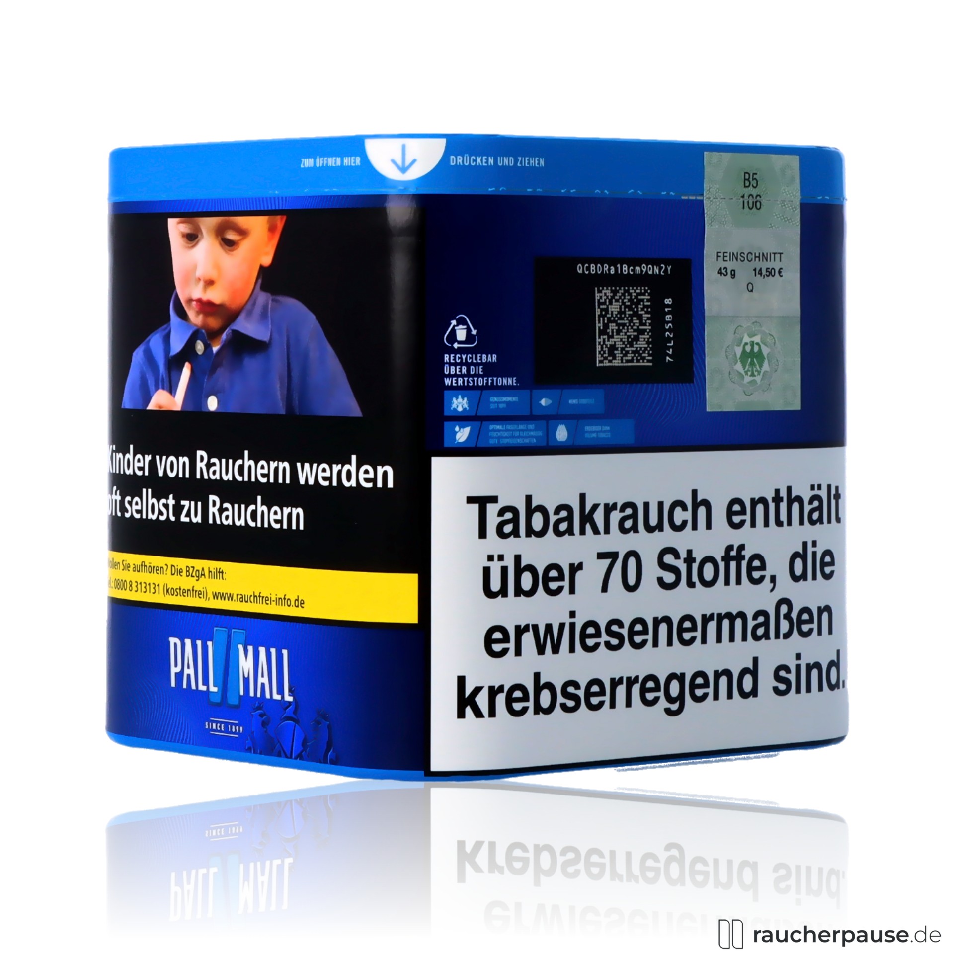 pall mall blau volumentabak 43g dose american blend geringe staerke , packshot hinterseite