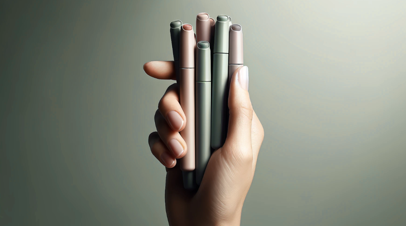 Hand mit verschiedenen Vapes und einem leicht grünen hintergrund