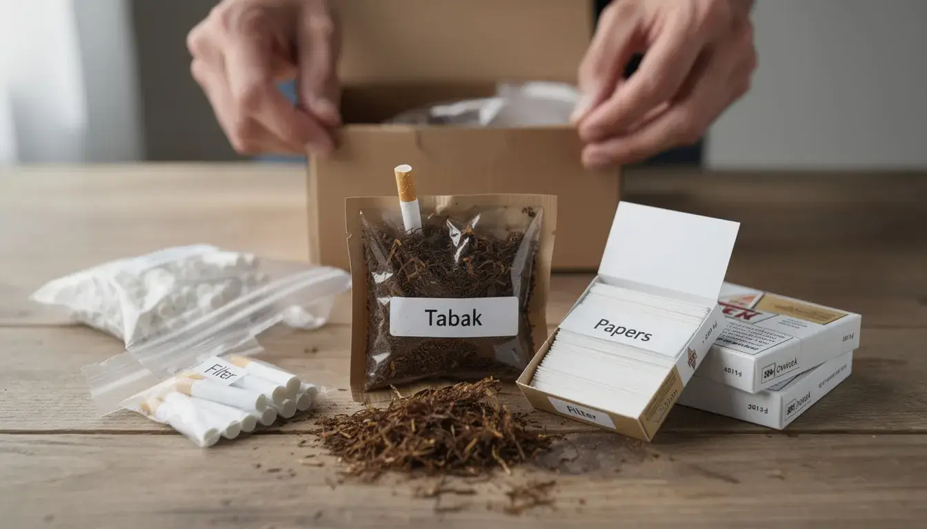 Tabak, Papers und Filter liegen vor einem Paket auf einem Holztisch.