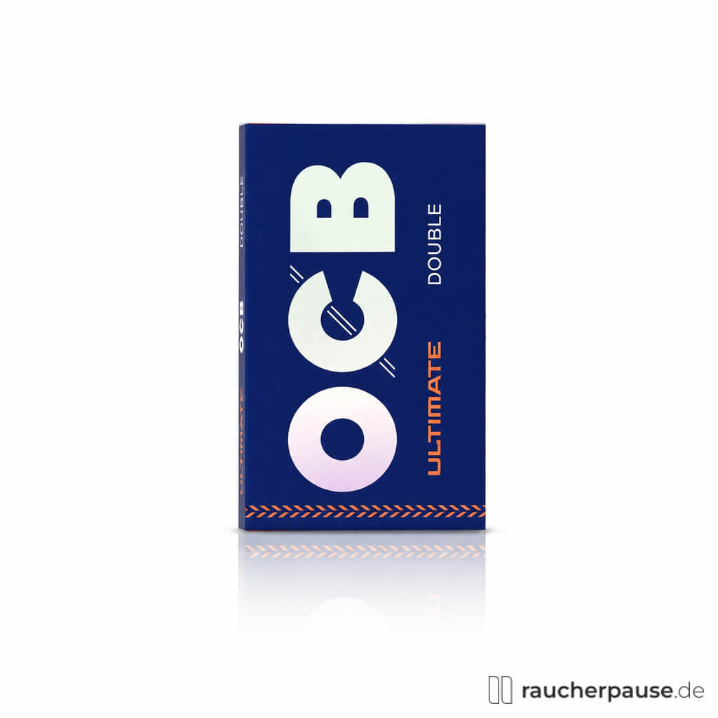 OCB Ultimate Short Double Zigarettenpapier, 100 Blättchen, in moderner blau-weißer Box mit stilisiertem Logo und glatter Oberfläche.