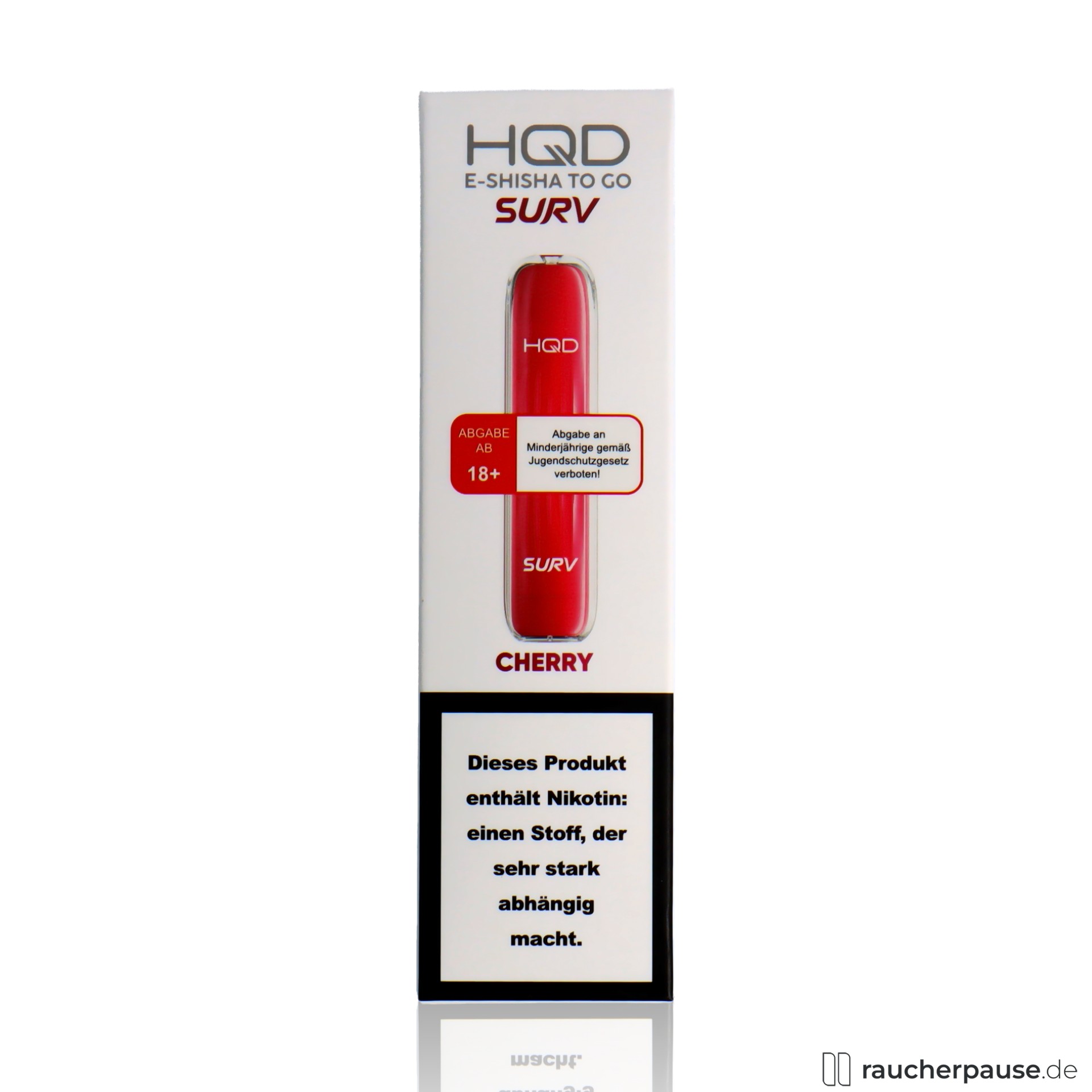 HQD Surv Einweg E-Shisha | Cherry | 18 mg/ml Nikotin | 600 Züge hqd, hqd surv einweg e shisha cherry ml nikotin zuege , packshot hinterseite