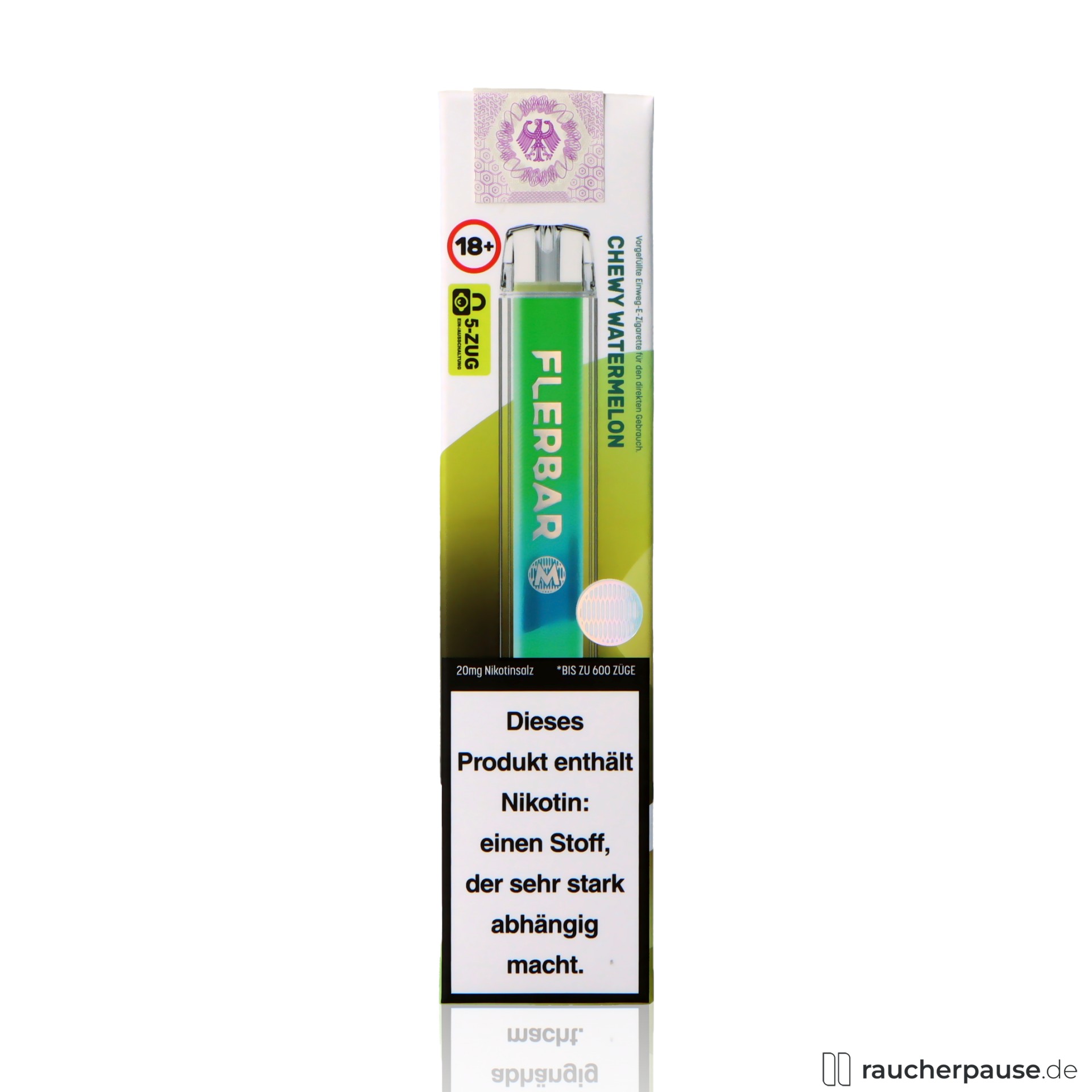 Flerbar Einweg Vape | Chewy Watermelon | 600 Züge | 20 mg/ml Nikotin | Kaugummi & Wassermelone flerbar, flerbar einweg vape chewy watermelon zuege ml nikotin kaugummi wassermelone, packshot hinterseite