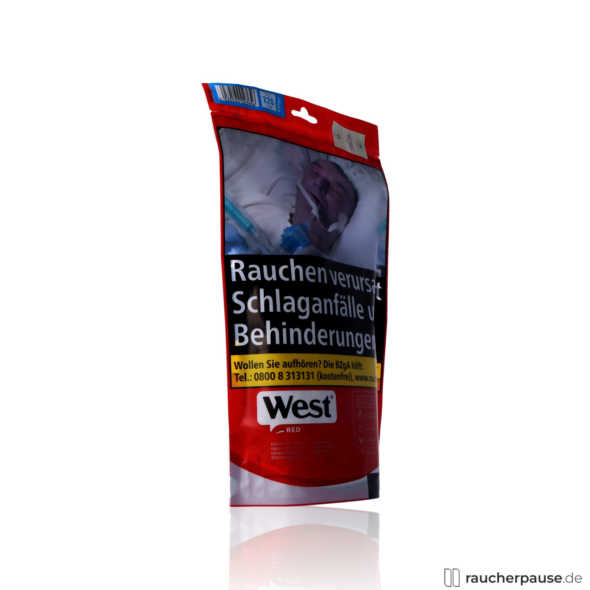 west red volumentabak beutel locker fuellig zum zigarettenstopfen , packshot seitlich
