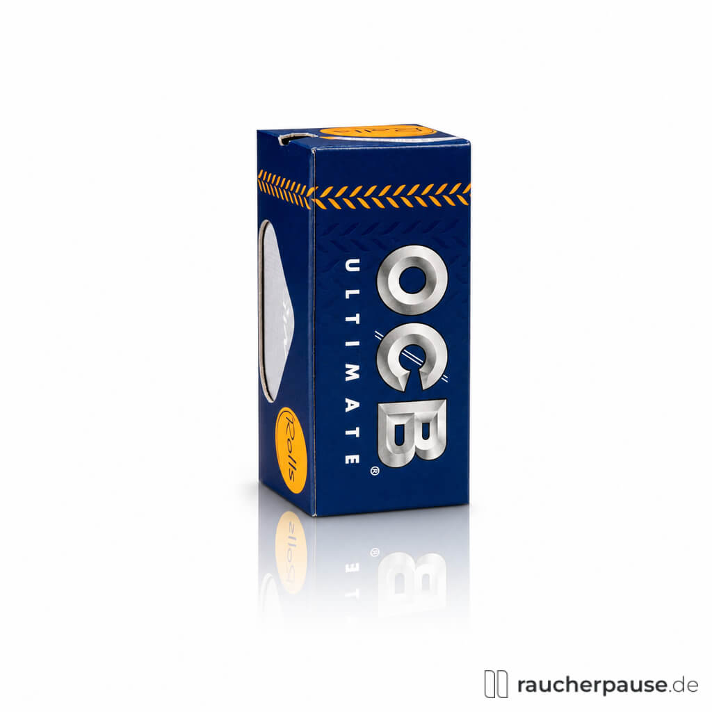 OCB Ultimate Rolls Drehpapier in blauer Box mit gelb-schwarzen Streifen und silbernem OCB-Logo samt stilisiertem Schlüssel.