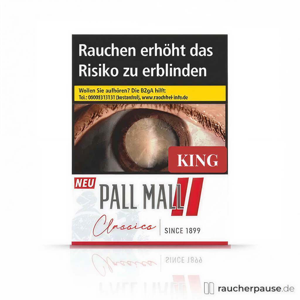 Pall Mall Classics Red Zigaretten King Size Filterzigaretten in roter, schwarzer und weißer Verpackung mit stilisiertem rotem Logo.