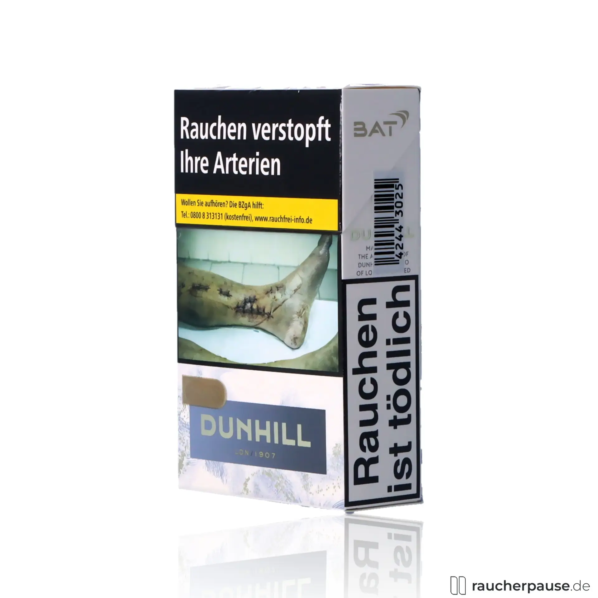 Dunhill White Zigaretten, 20 Stk. pro Packung, King Size, in einer stilvollen blau-weißen Dose mit elegantem Logo.