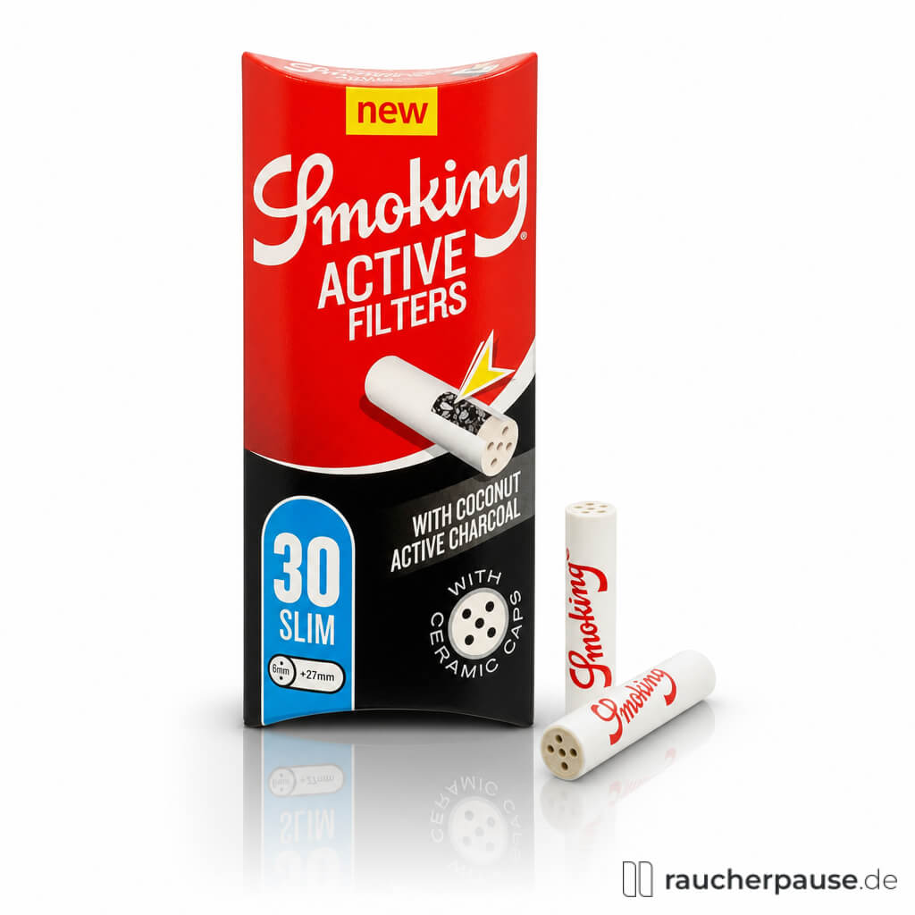 Smoking Slim Active Filters, 30 Stück, in schwarzer Dose mit rotem und goldenem Design und weißem Smoking-Logo.