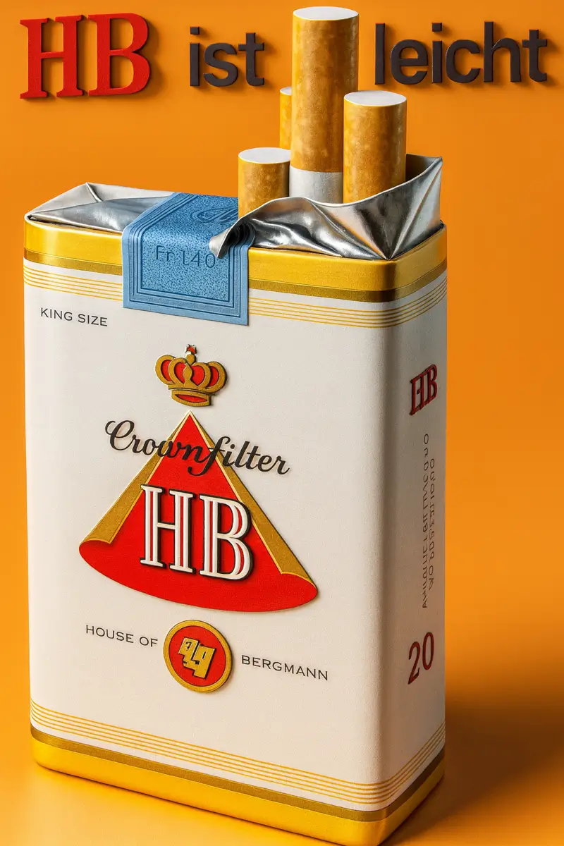 HB Zigarettenpackung mit der Aufschrift „HB ist leicht“, Königsgröße, präsentiert auf orangefarbenem Hintergrund.