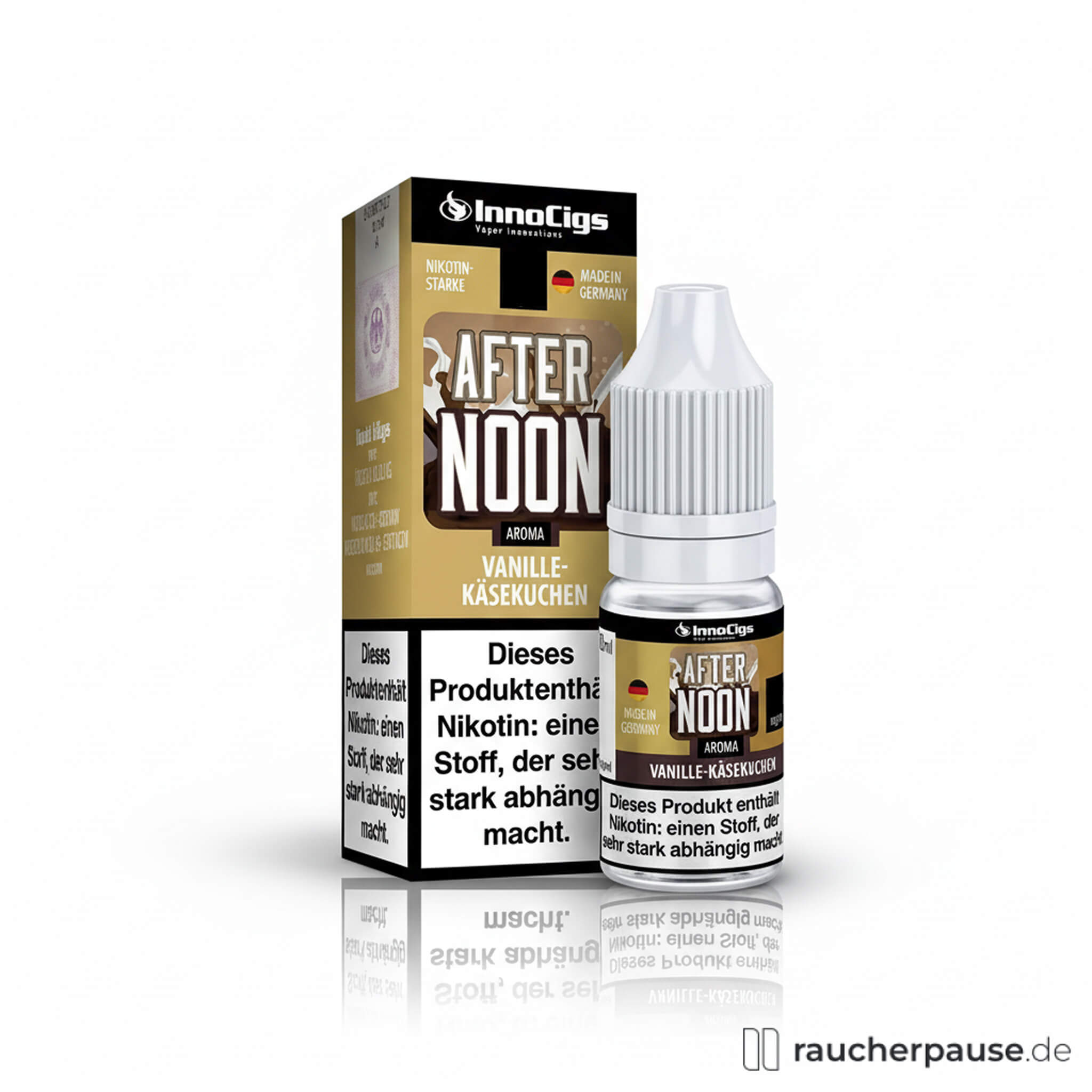 InnoCigs E-Liquid Afternoon Vanille 10ml mit 6mg/ml Nikotin in einer transparenten Flasche mit weißem Etikett und goldfarbenem Verschluss, Käsekuchen- und Vanille-Aroma für E-Zigaretten.