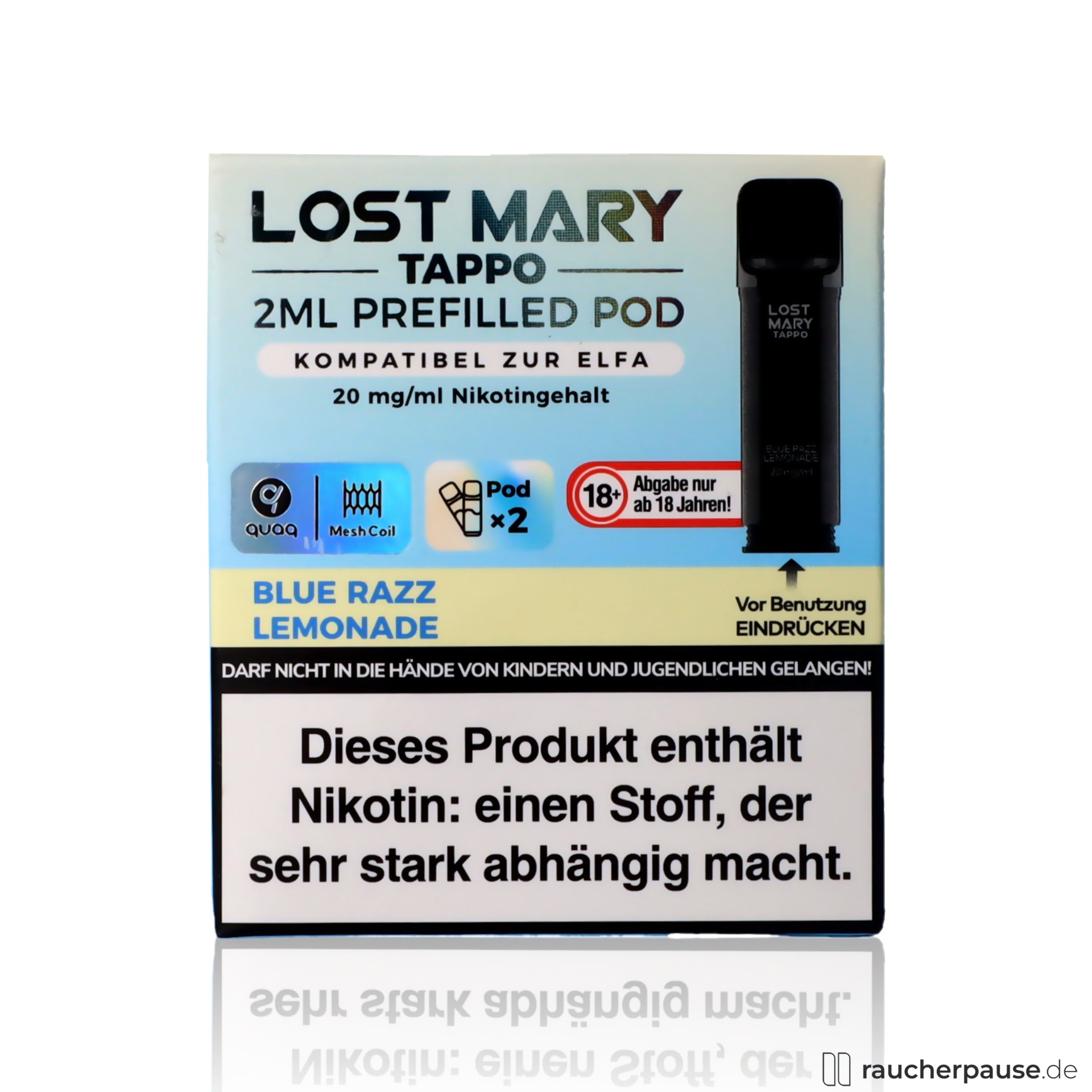 Lost Mary Tappo Pods | Blue Razz Lemonade 20mg | 2x2ml Liquid für E-Zigaretten lost mary, lost mary tappo blue razz lemonade prefilled pods liquid e zigaretten blaubeere limonade , packshot vorderseite