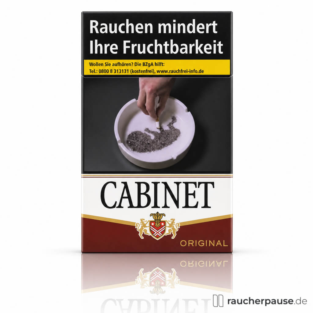 Cabinet Original Zigaretten, 20 Stk. pro Packung, in quadratischer Dose mit dunklem Hintergrund, weißen Vordergrund und goldenem Wappen mit Löwen.