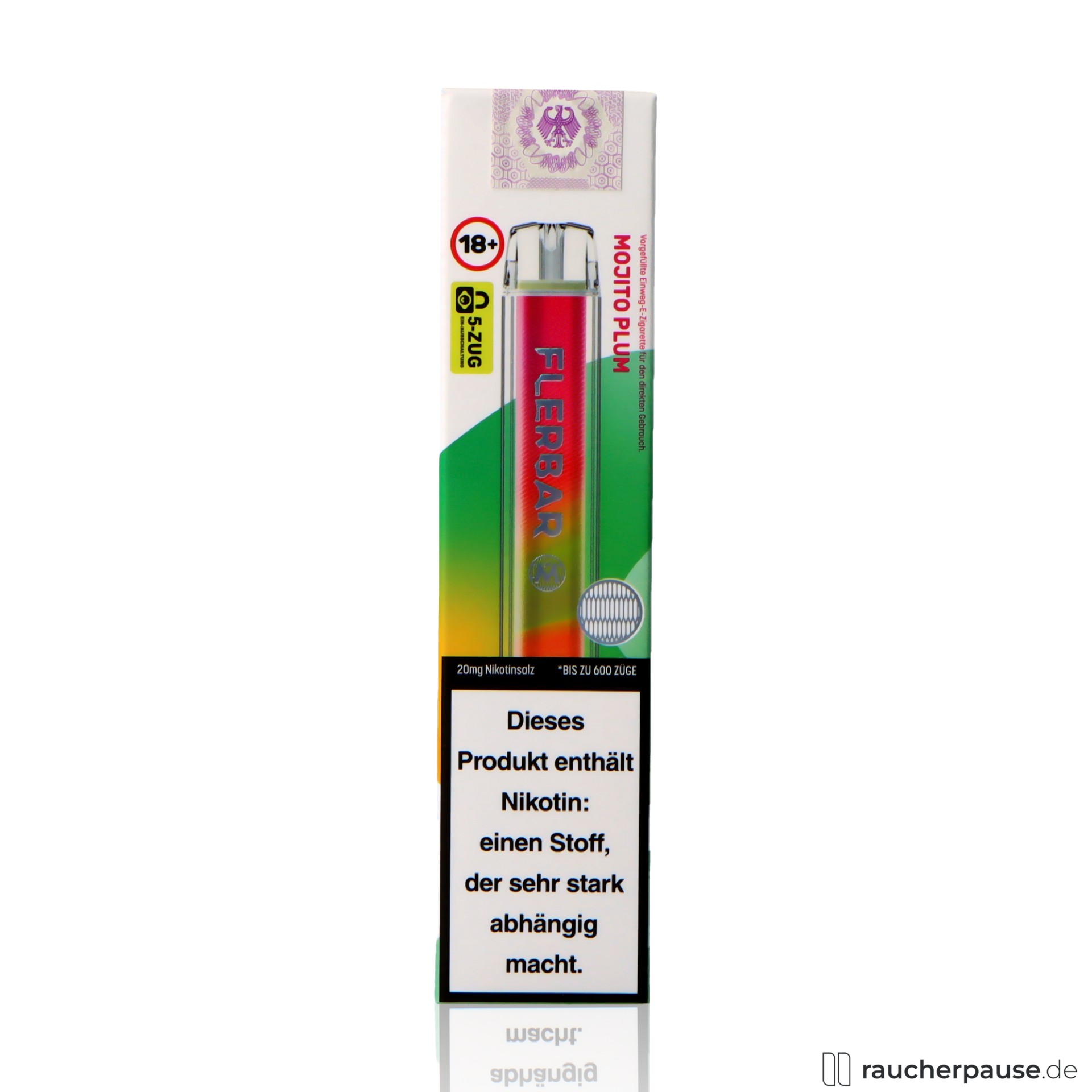 flerbar, flerbar einweg vape mojito plum zuege ml nikotin mojito pflaume , packshot hinterseite