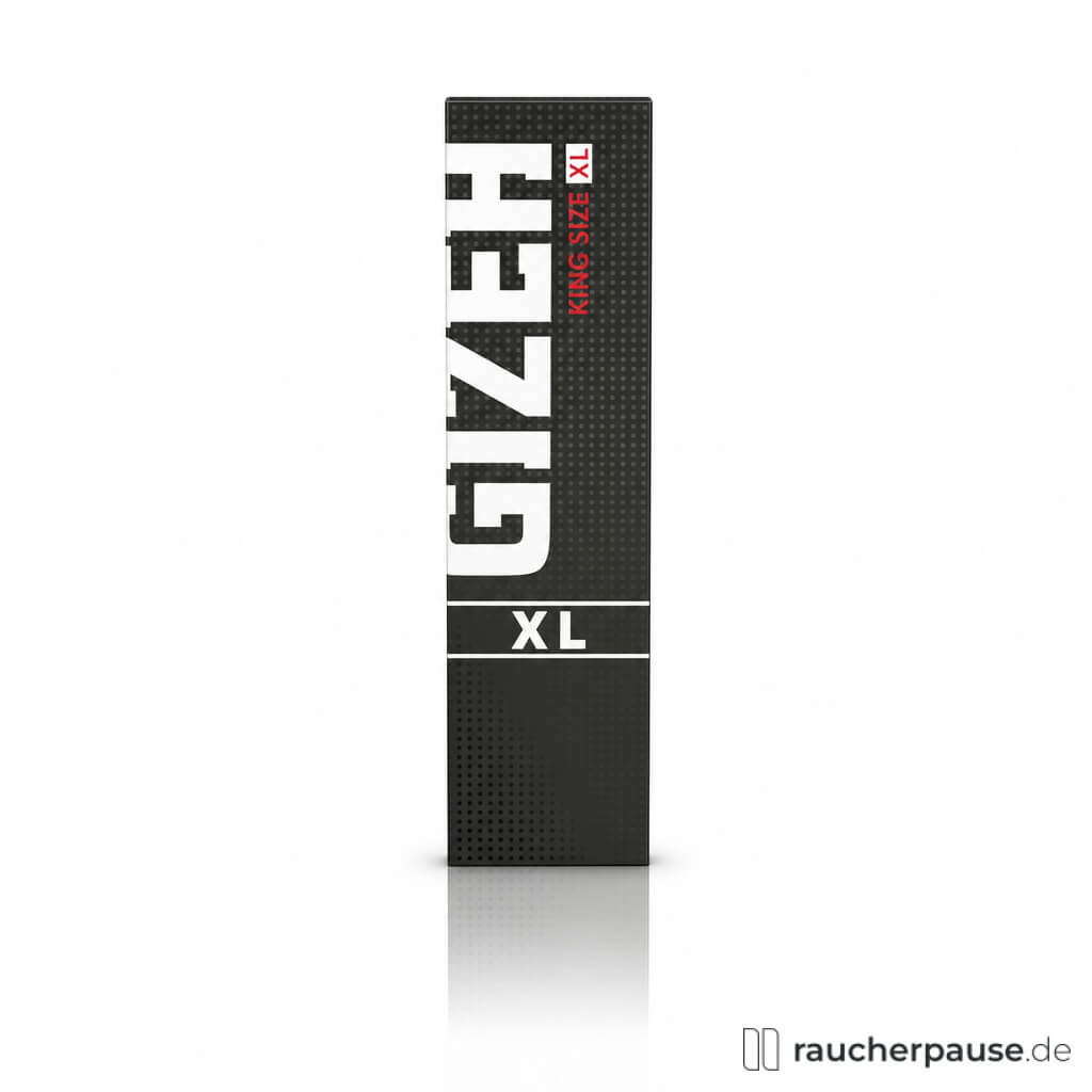Gizeh Black King Size XL Zigarettenpapier in schwarz-weißer Box mit minimalistischem Design und rotem XL-Schriftzug auf punktiertem Hintergrund.