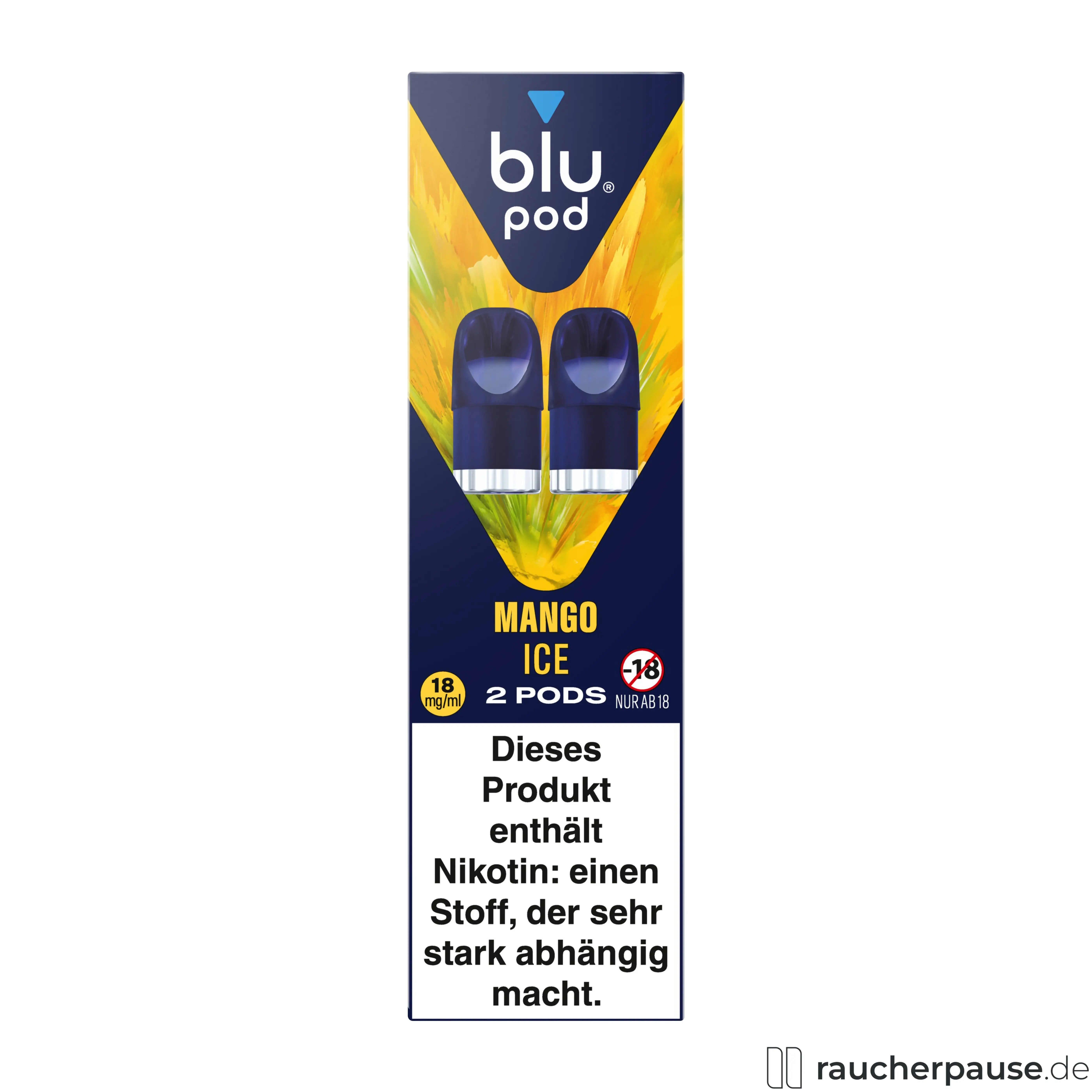 Blu Pod Mango Ice 18mg/ml Nikotin | 2 Pods | Kompatibel mit Blu Bar Kit E-Zigarette Geschmack: Ice, Mango / Nikotingehalt: 18 mg/ml