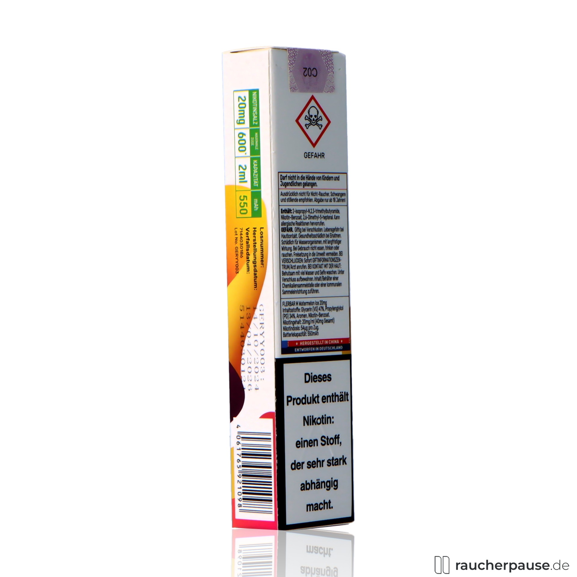 flerbar, flerbar einweg vape watermelon ice zuege ml nikotin wassermelone ice , packshot hinterseite