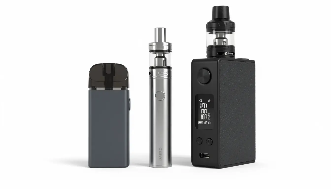 Auf dem weißen Hintergrund sind drei verschiedene Vape-Gerätetypen nebeneinander angeordnet, darunter eine Einweg E-Zigarette, ein Pod-System und eine E-Shisha.