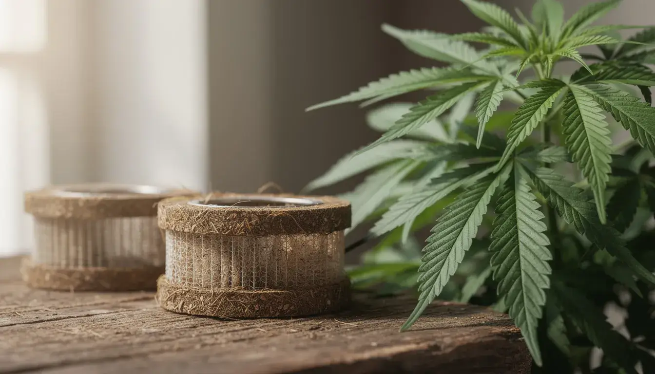 Organische Filter und Papes neben einer Hanfpflanze.