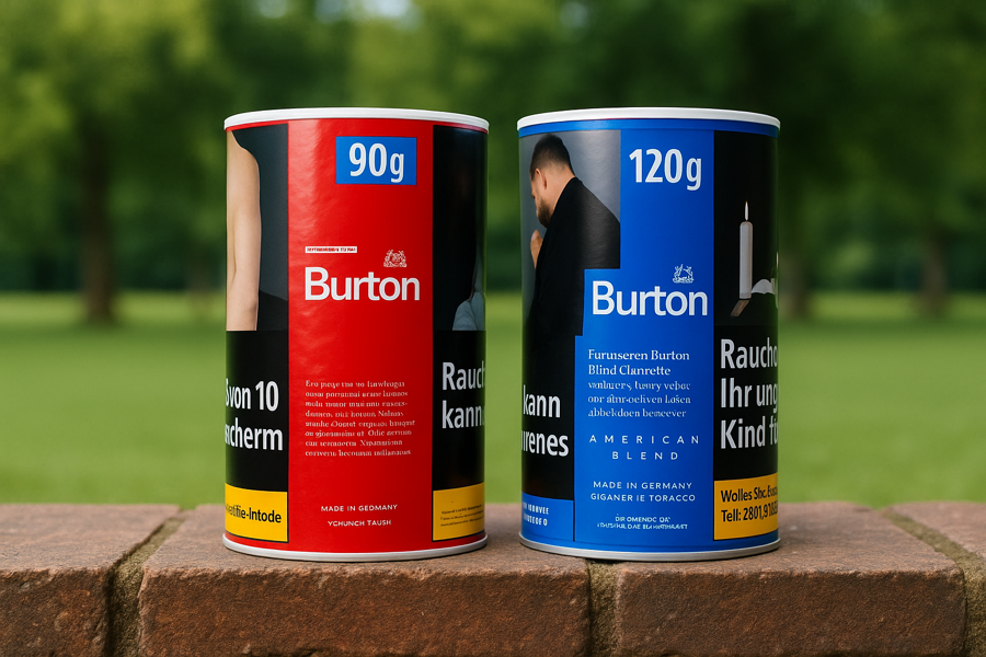 Burton Tabak rot/blau in der Dose auf einer Steinmauer im grünen