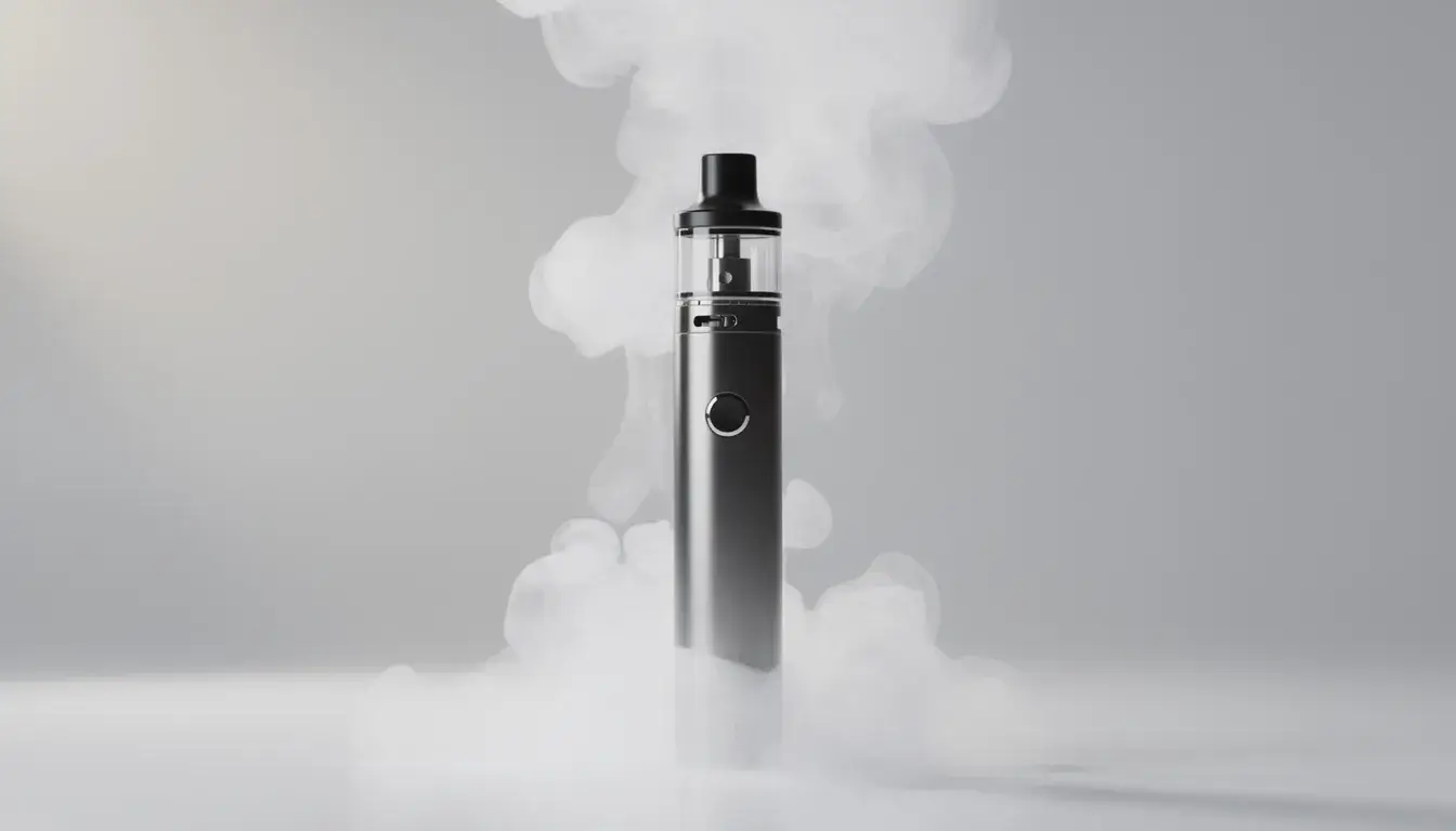 Das Bild zeigt eine moderne E-Zigarette mit aufsteigendem Dampf, die vor einem neutralen Hintergrund platziert ist.