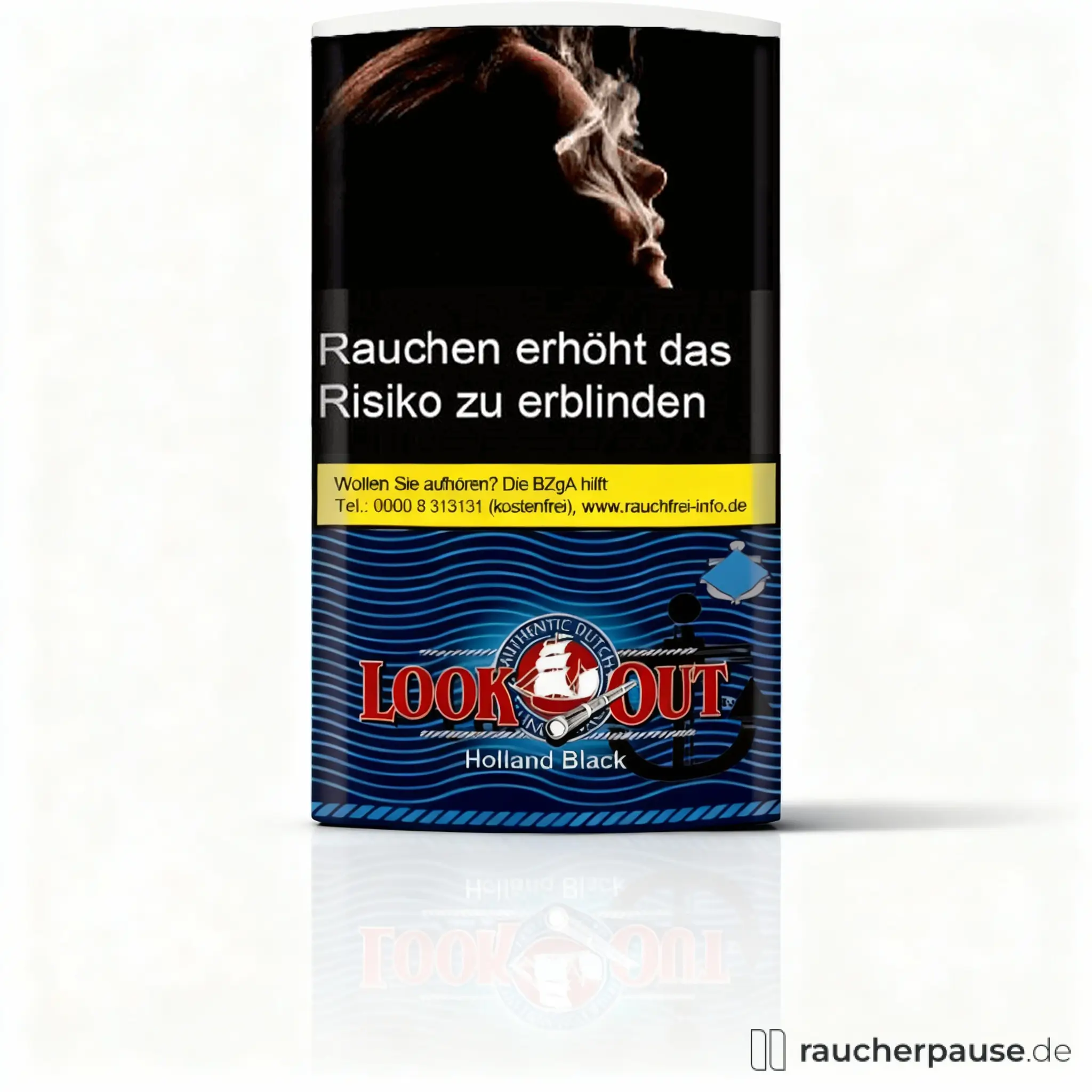 Look Out Holland Black Feinschnitt Tabak in blauer und schwarzer Dose mit maritimem Schiff-Logo, ideal zum Drehen und Stopfen.