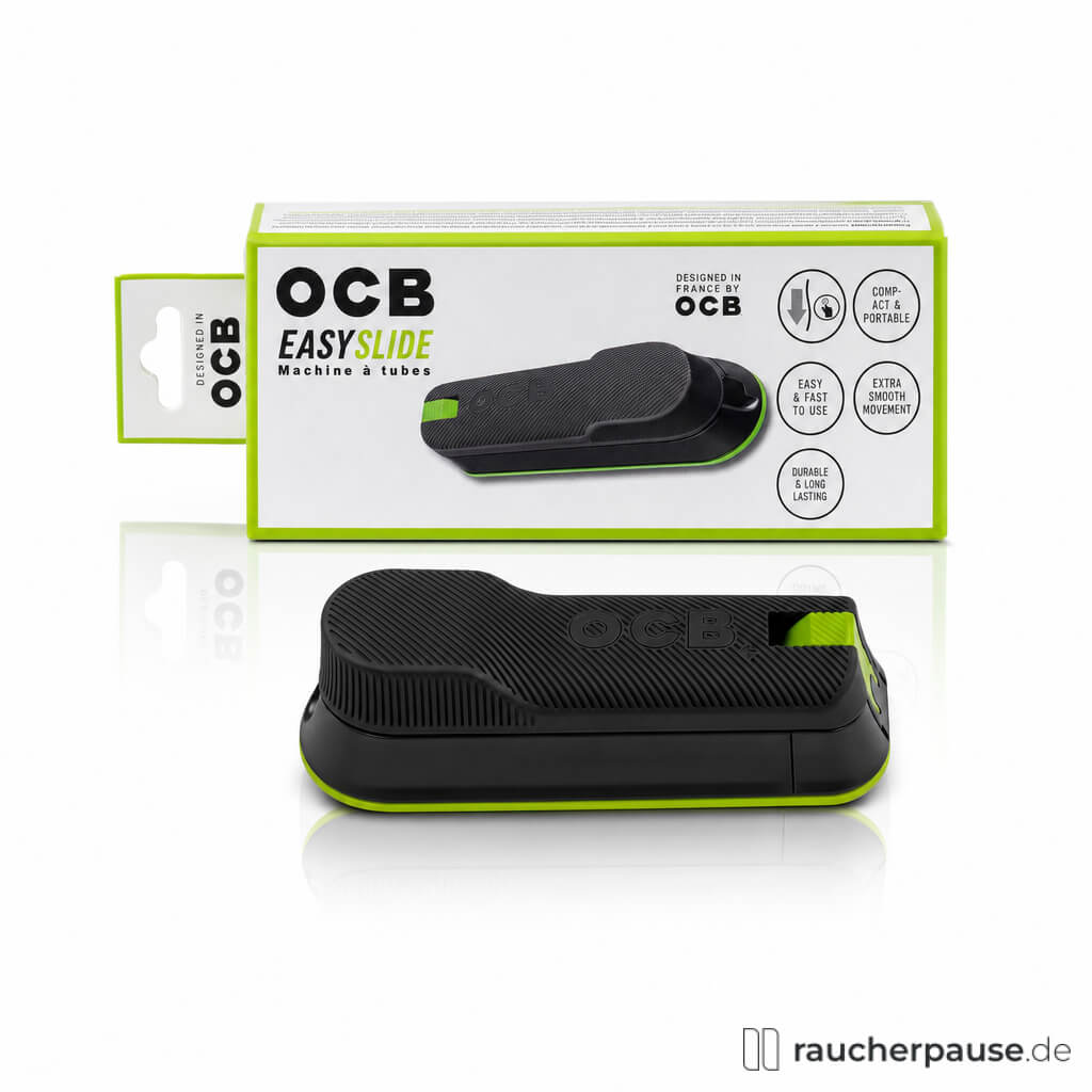 OCB Easy Slide Injector Stopfgerät in schwarzer Box mit grüner Kante und Logo, selbst schwarz mit grüner Schiene.