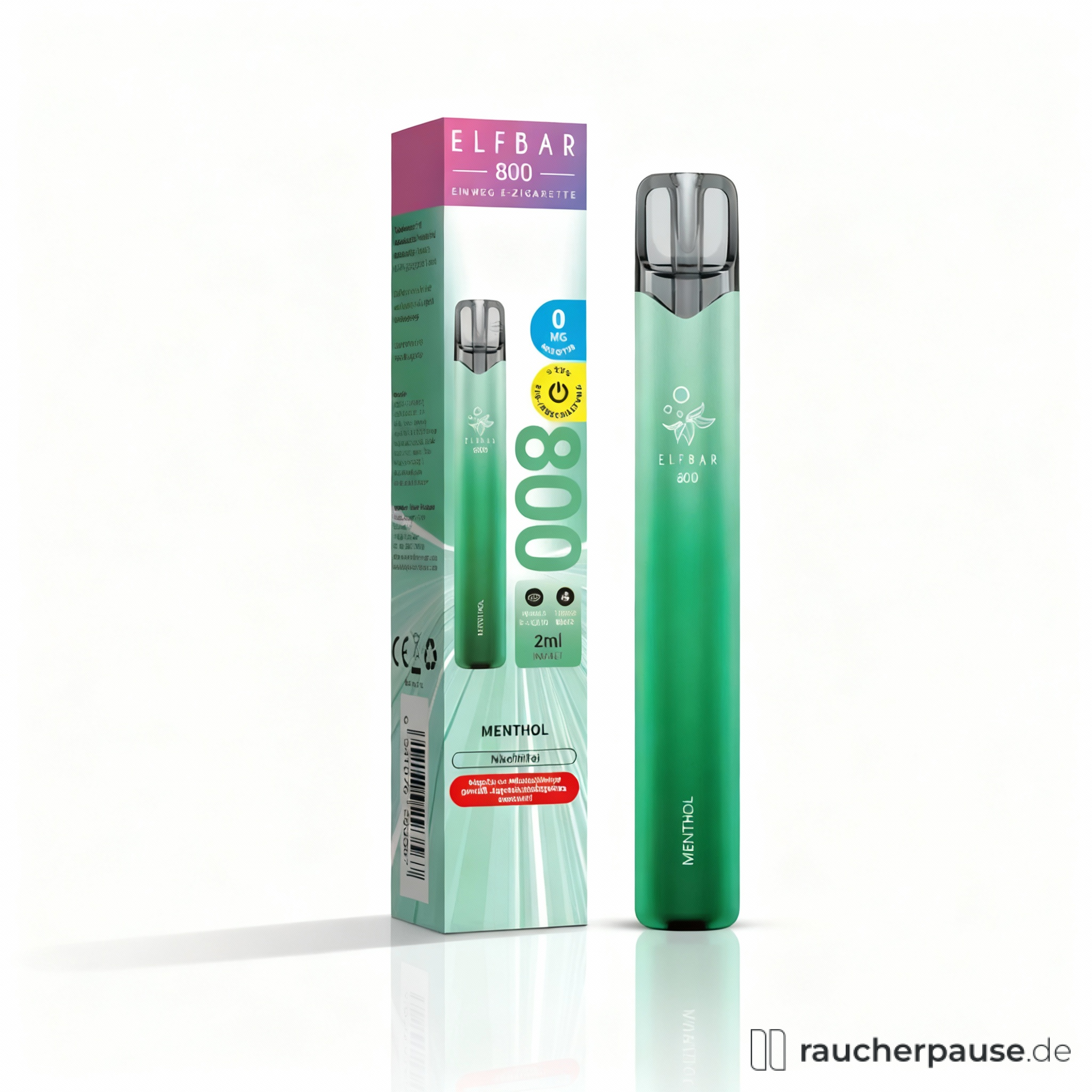 ELFBAR 800 Menthol Einweg-Vape in grüner Verpackung mit rosa Akzenten und Logo, grüne E-Zigarette mit Frontlogo in einer Box.