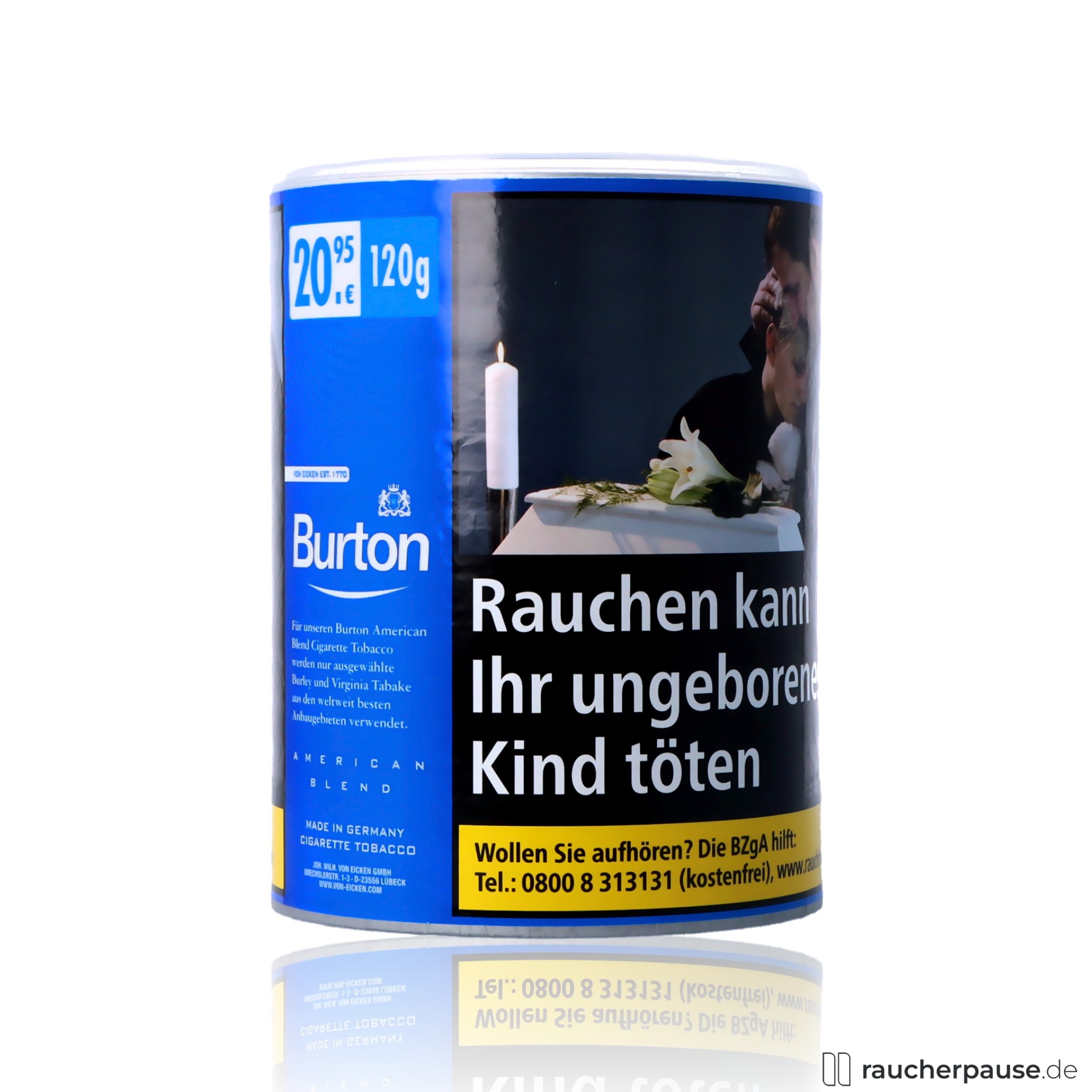 burton blue feinschnitt tabak dose american blend aroma , packshot vorderseite