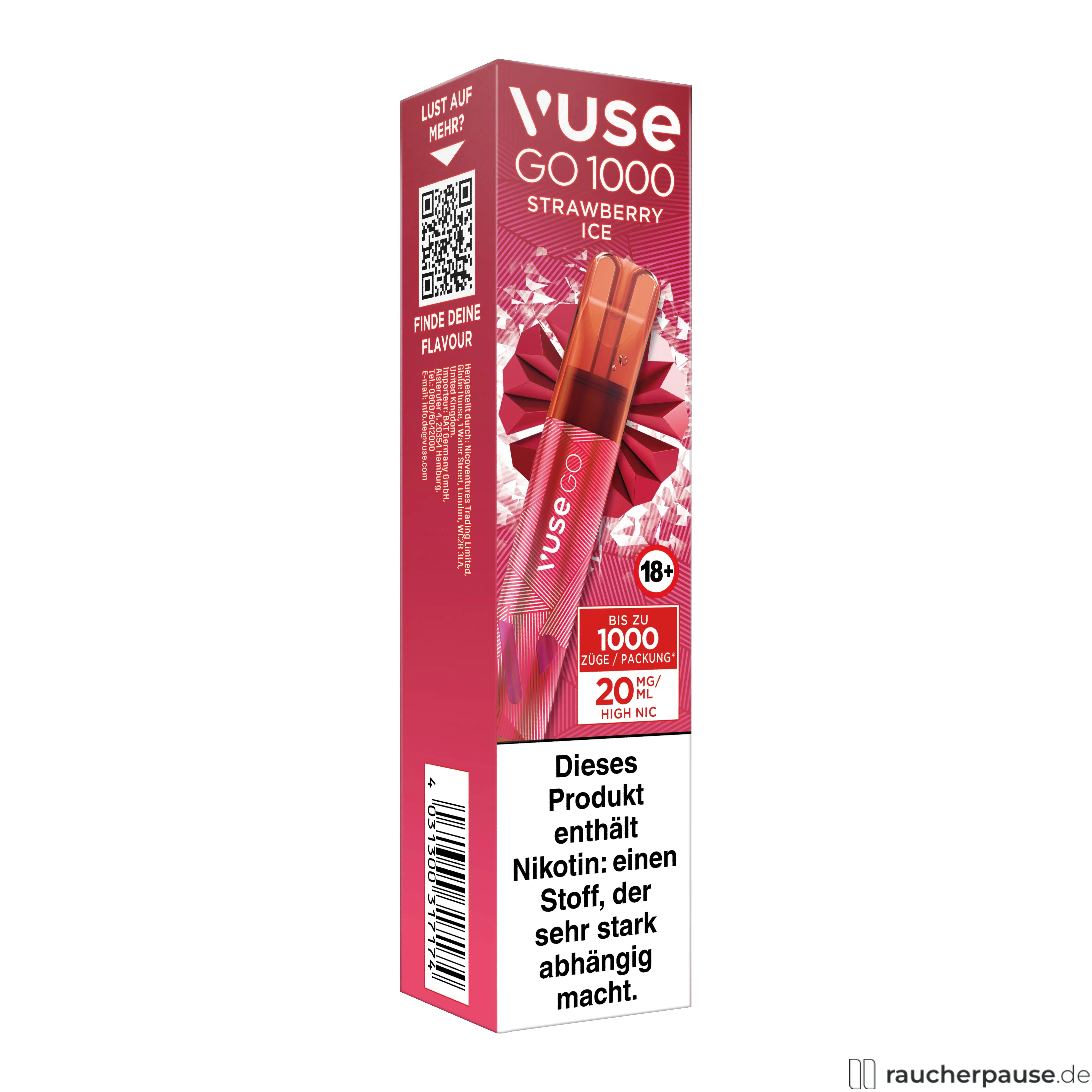 Vuse GO 1000 E-Shisha in schmaler, hochgezogener Box mit roter und pinkfarbener Tönung, modernem Logo und geometrischen Musterungen, Strawberry Ice, 20 mg/ml Nikotin, Einweg, 1000 Züge.