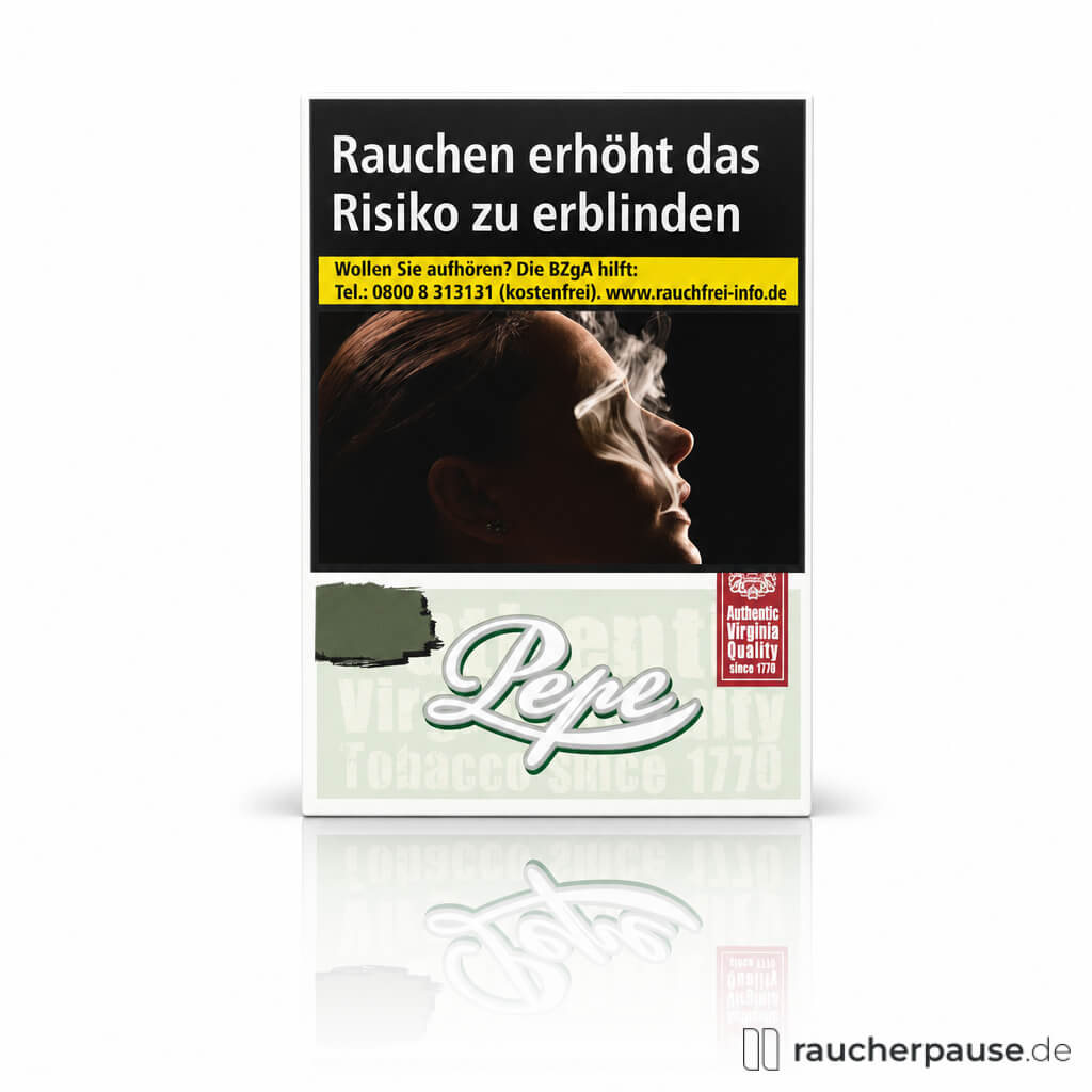 Pepe Fine Green XXL Zigaretten in weiß-grüner Dose mit stilisiertem Logo auf grünem Hintergrund, 30 Stk. pro Packung