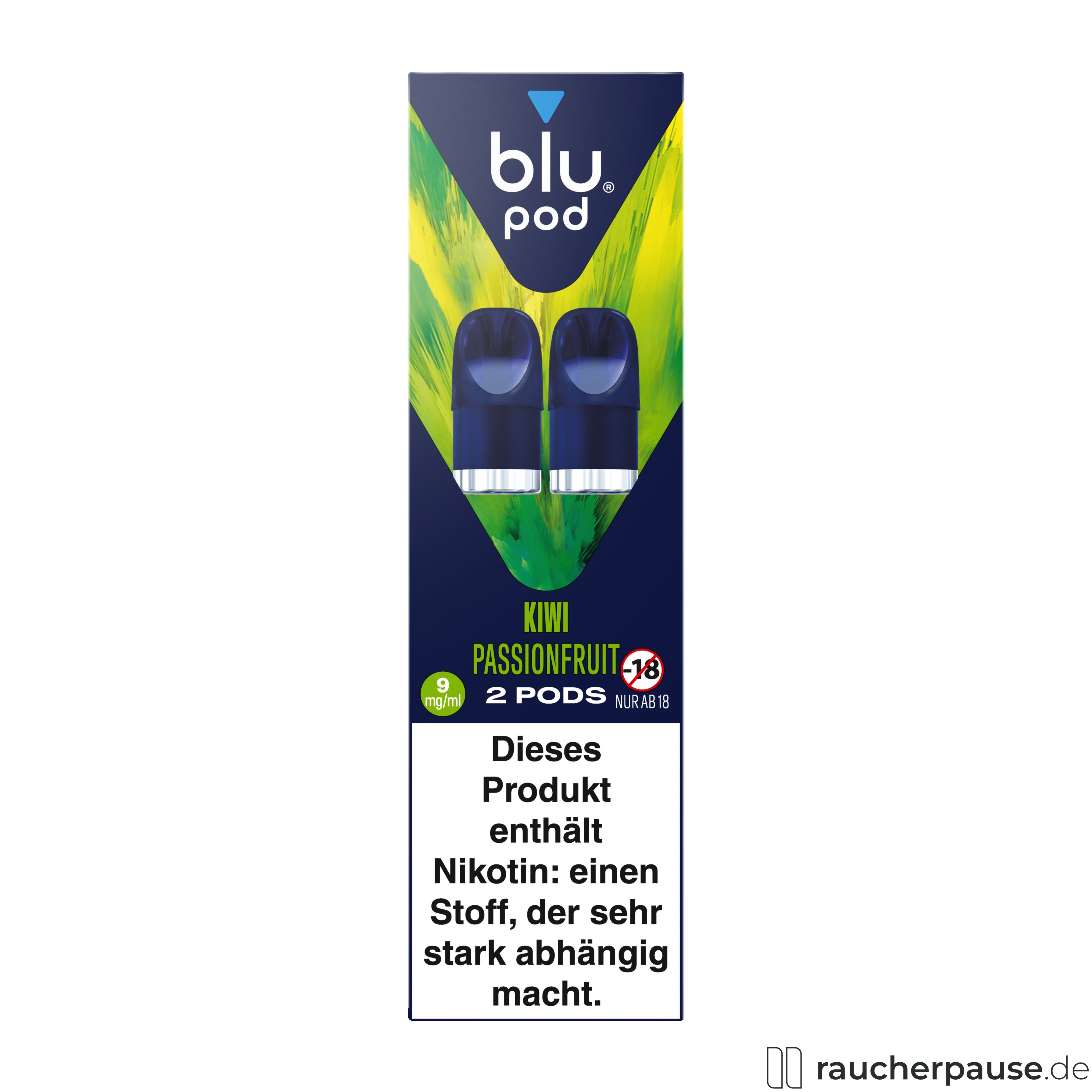 Blu Pod Kiwi Passionfruit 9mg/ml Nikotin | 2 Pods | Kompatibel mit Blu Bar Kit E-Zigarette blu, blu pod kiwi passionfruit 9mg , packshot hinterseite