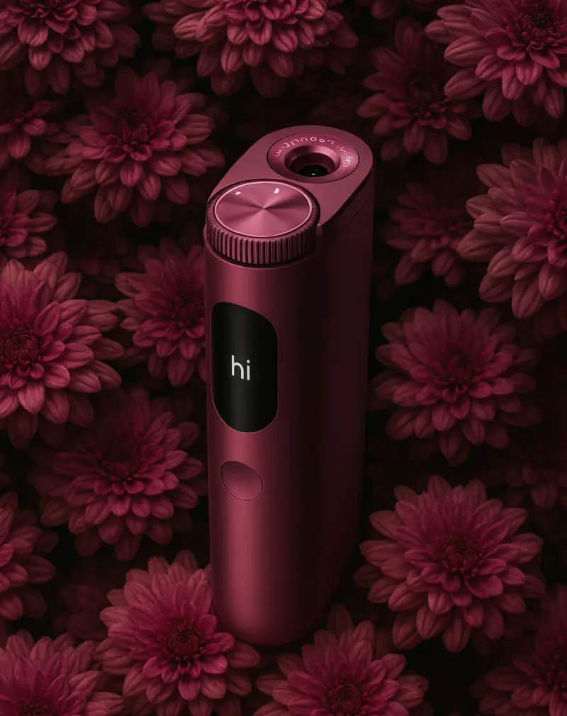 Glo Hyper Pro Tabakerhitzer in rot mit HeatBoost-Technologie, umgeben von blühenden roten Chrysanthemen, zeigt modernes Design und intuitive Bedienung.