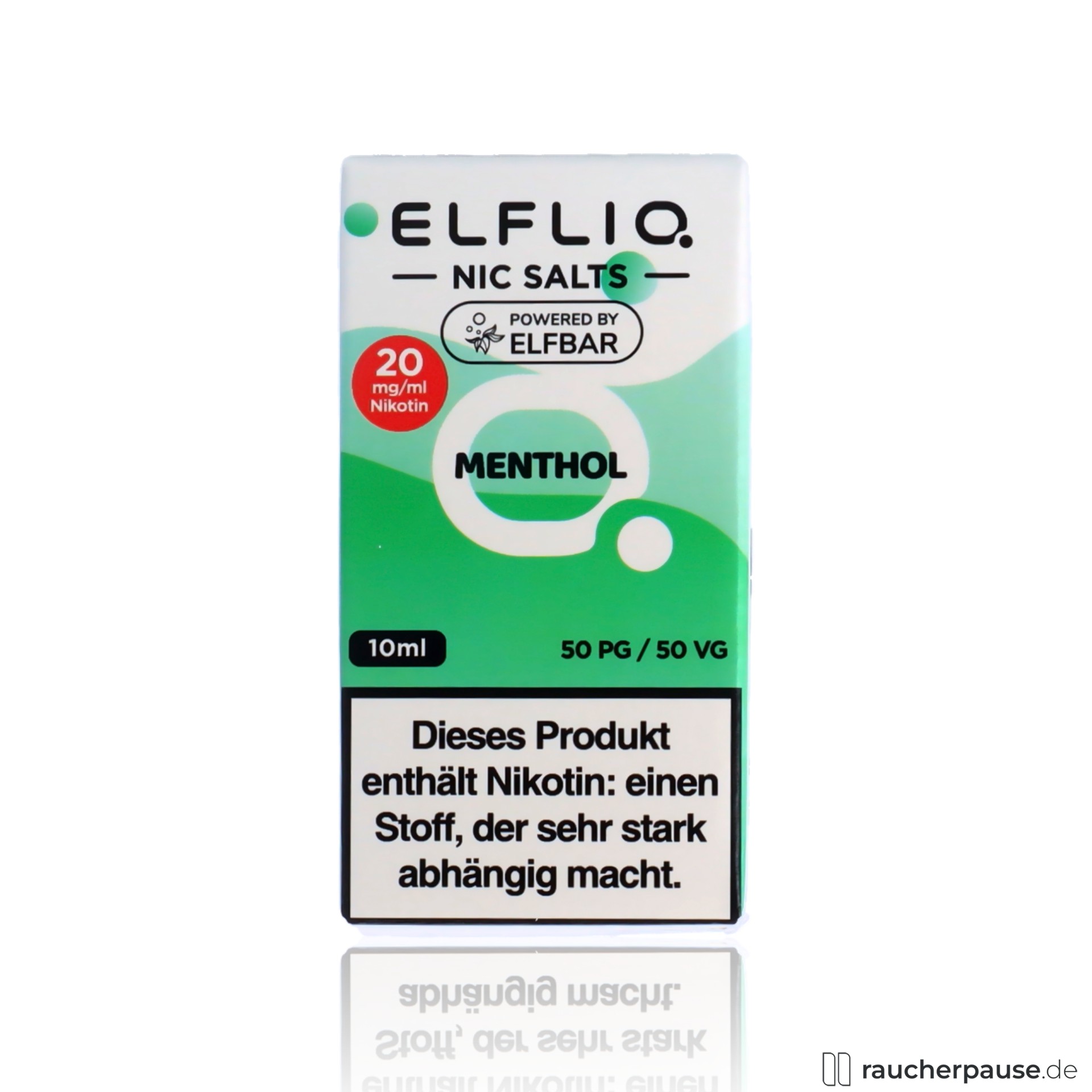 ELFBAR ELFLIQ Menthol Liquid 20mg Nikotinsalz 10ml für E-Zigaretten in grüner und weißer Dose mit kreisförmigem Logo und großem schwarzen Schriftzug 'MENTHOL'.