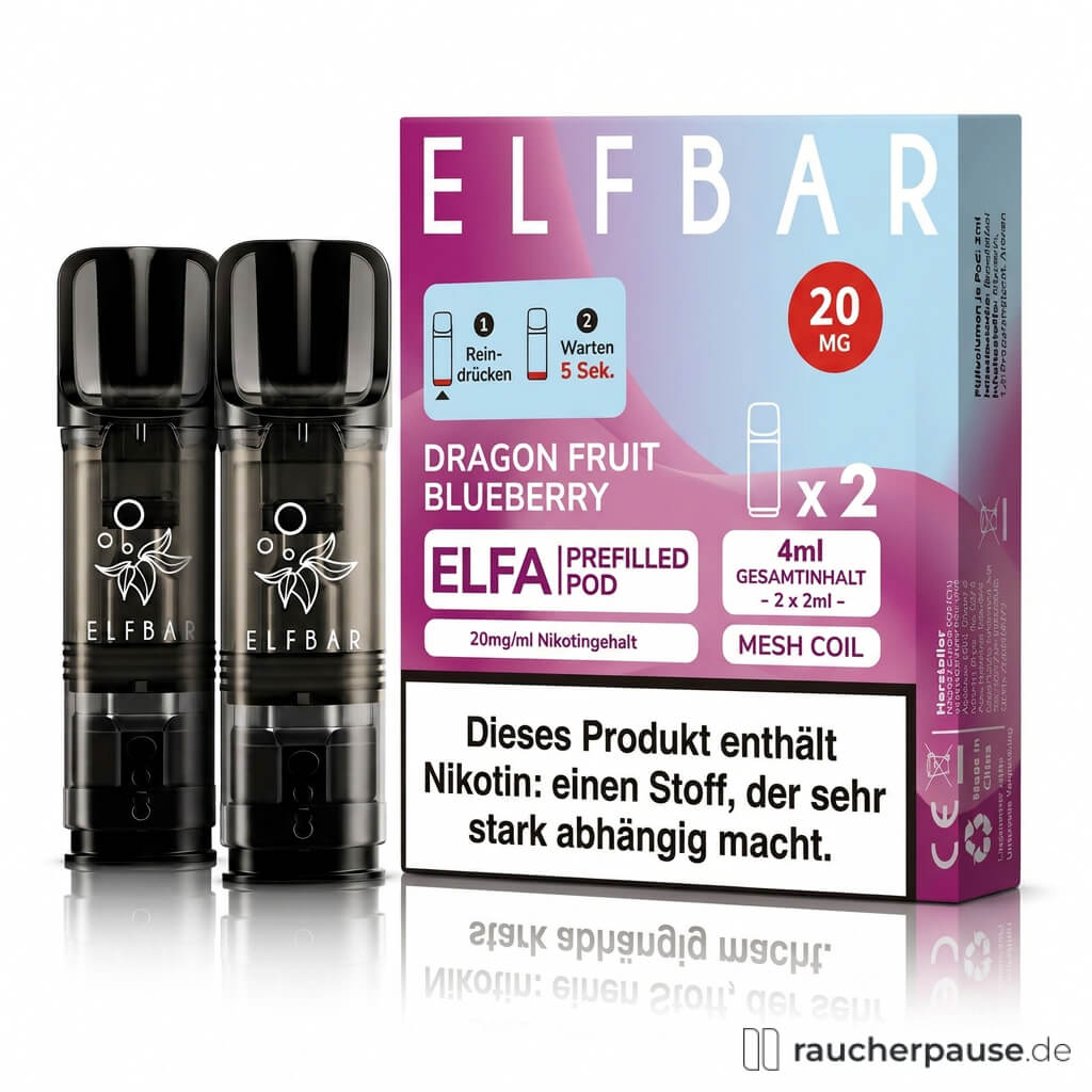 Packung mit zwei langen und schmalen E-Zigaretten-Präfüllmodulen von Elf Bar in Lila und Blau mit weißem und schwarzem Logo auf lila Hintergrund, Dragon Fruit Blueberry Geschmack, 20 mg/ml, 2x2 ml.