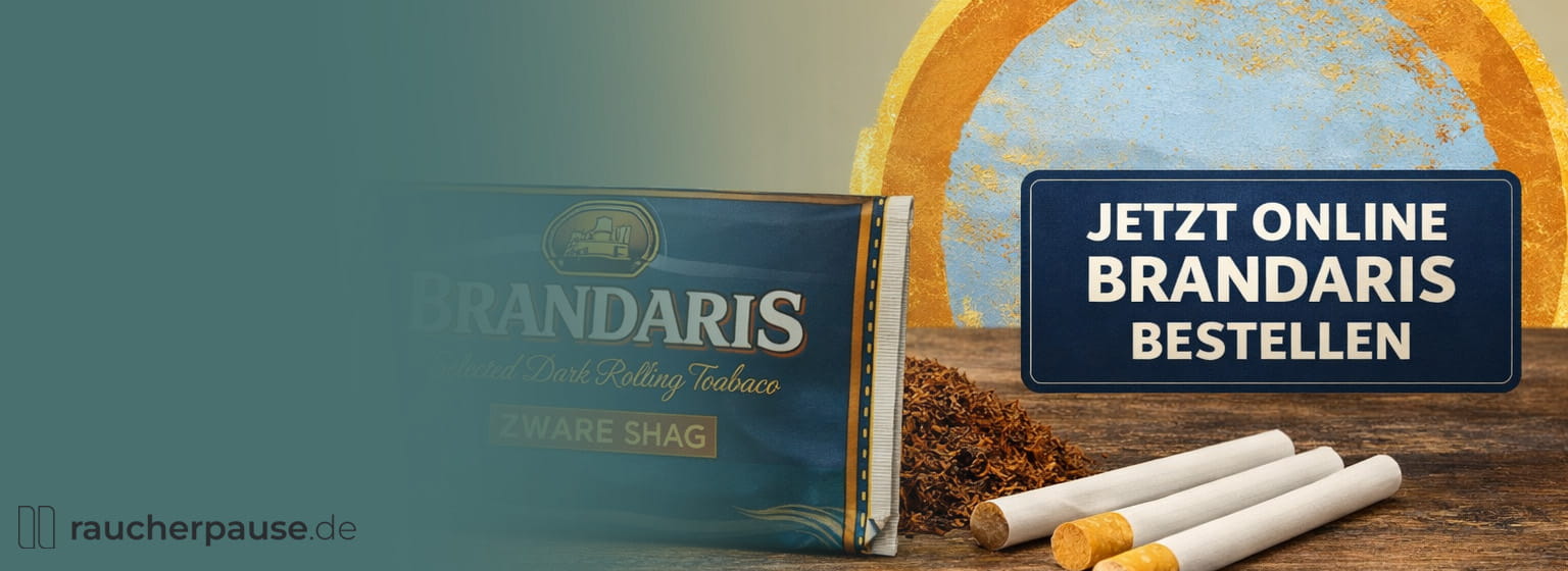 Brandaris Zware Shag Tabak mit Zigaretten und CTA „jetzt online bestellen“