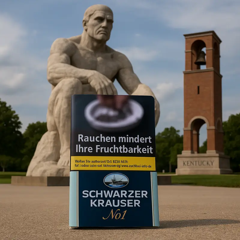 Schwarzer Krauser Tabak Packung vor dem Groninger Wahrzeichen
