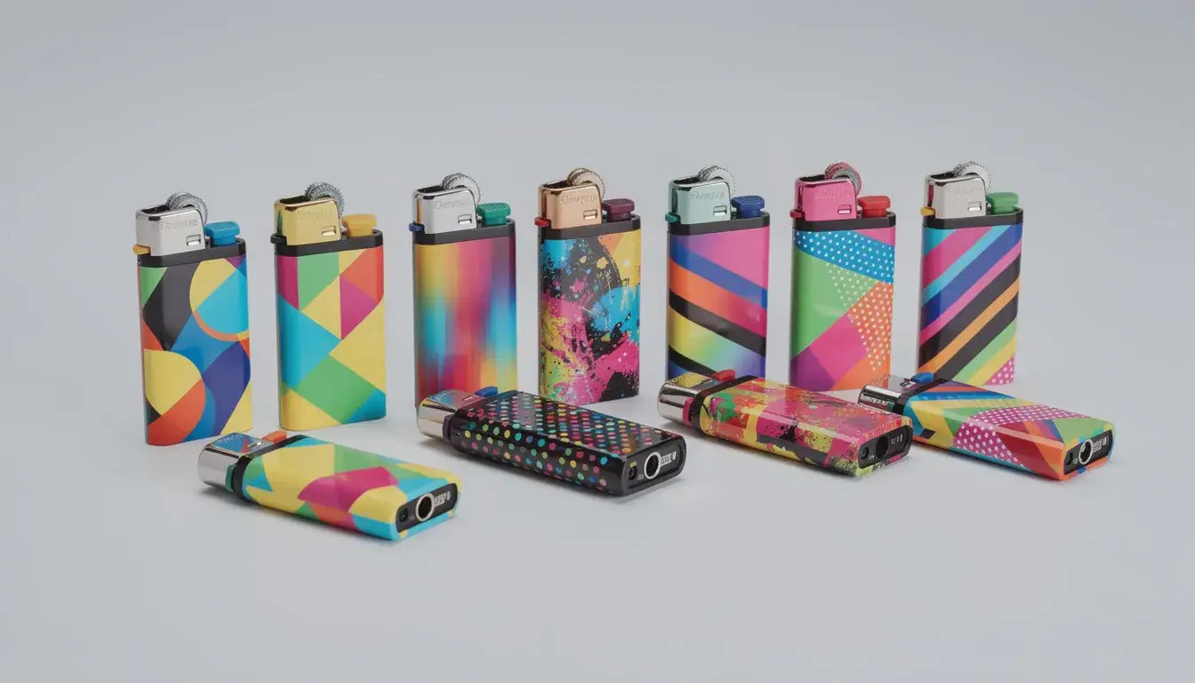 Unterschiedlich farbige Feuerzeuge sind nebeneinander aufgestellt vor einem grauen Hintergrund