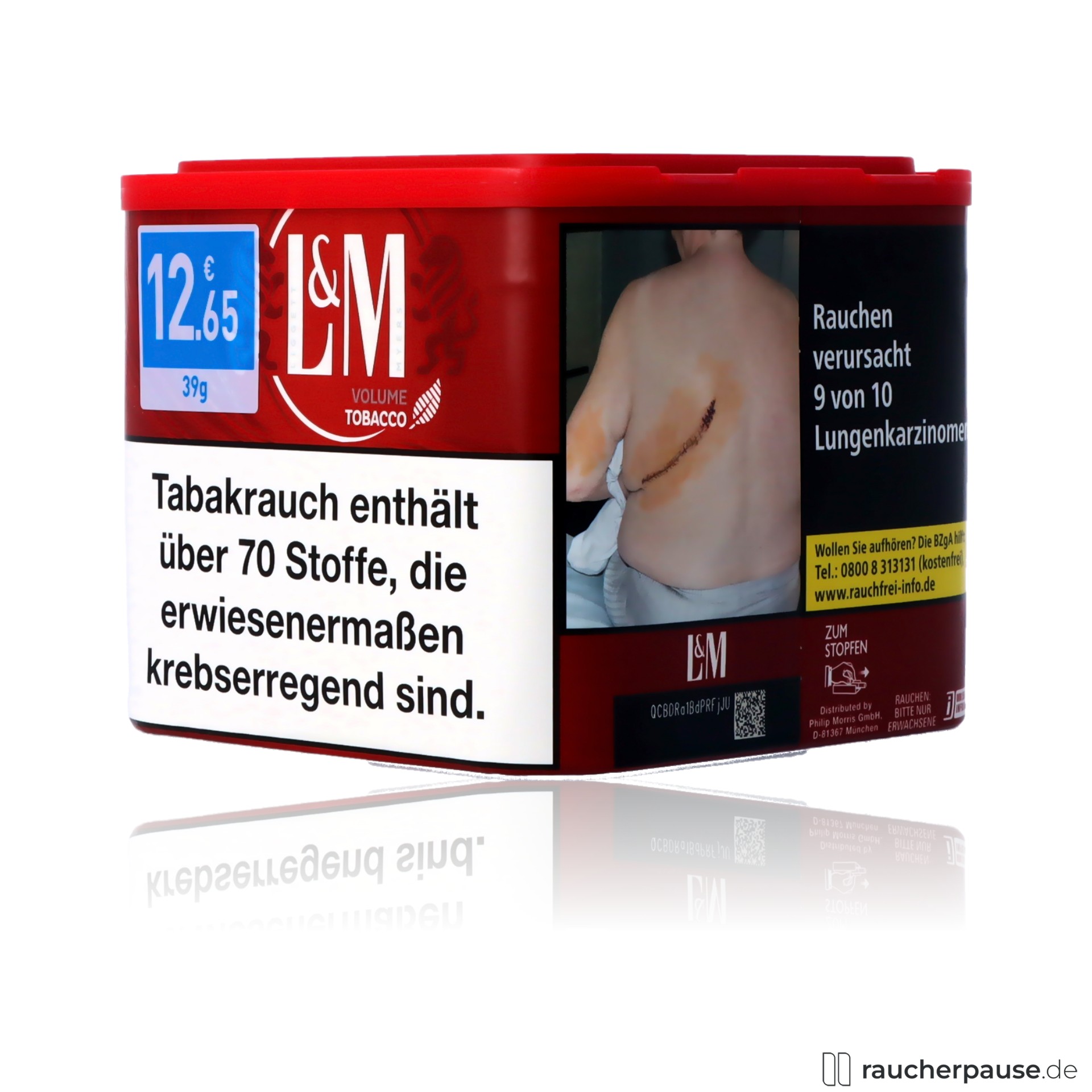 lm red l volumentabak 39g dose american blend wuerziges aroma , packshot hinterseite