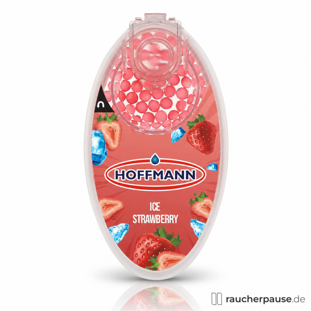 Hoffmann Aromakapseln Ice Strawberry in ovaler Dose mit rotem und weißem Design, dekoriert mit Erdbeeren und Eiswürfeln und blau-rotem Logo auf rot-weißem Hintergrund, 100 Stück.