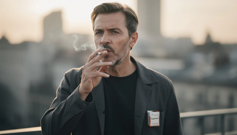 Mann mittlerem Alters der auf einer Dachterasse in einer Stadt eine Benson u Hedges Zigarette raucht