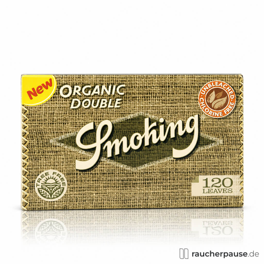 Smoking Organic Double Zigarettenpapier in einer braunen, stoffähnlichen Box mit stilisiertem Logo und gelben Akzenten, enthaltend 120 Blättchen.
