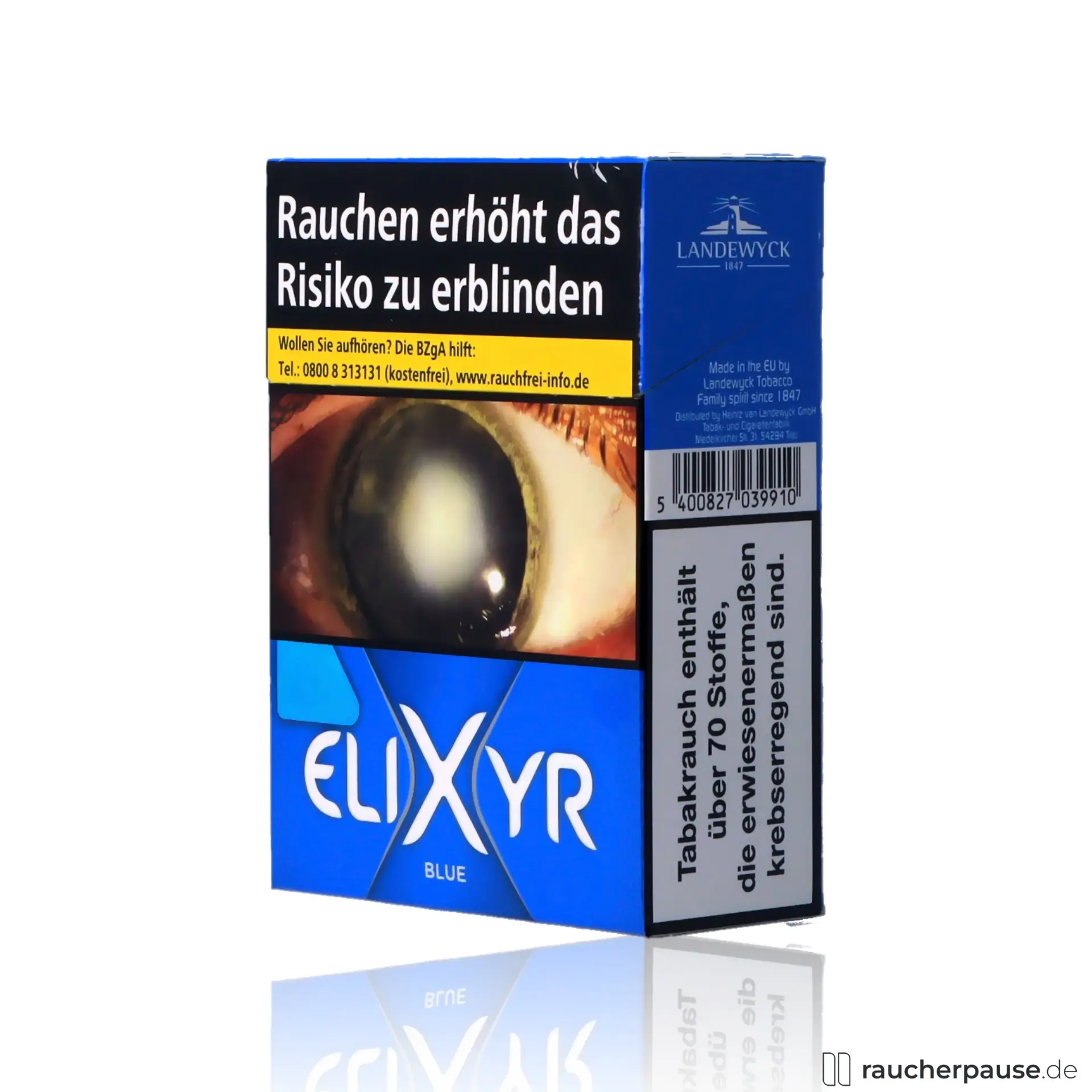 Elixyr Blue Maxi Zigaretten, 29 Stk. pro Packung, in einer quadratischen Dose mit blauem Hintergrund und stilisiertem, diagonal geteiltem Dreieck-Logo.