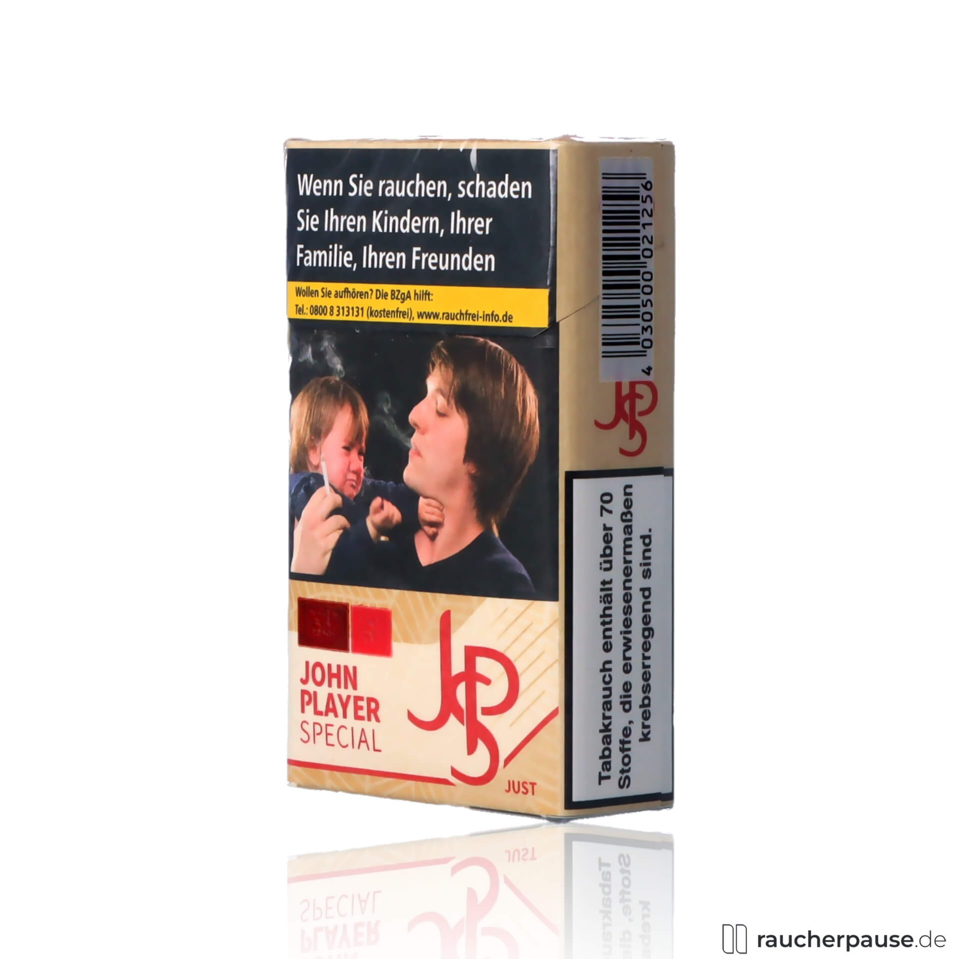 JPS Just Red Zigaretten, 20 Stk. pro Packung, Ohne Zusätze in quadratischer Dose mit beige-roter Verpackung und rotem Logo auf beige Hintergrund.
