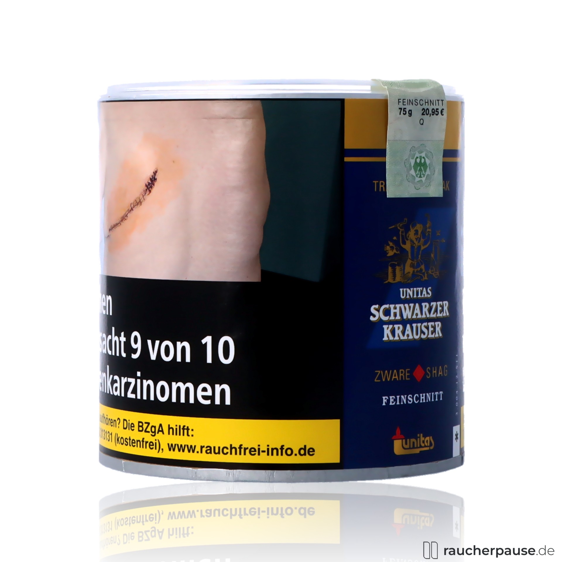 unitas schwarzer krauser tabak 75g dose kraeftig wuerzig feinschnitt , packshot seitlich